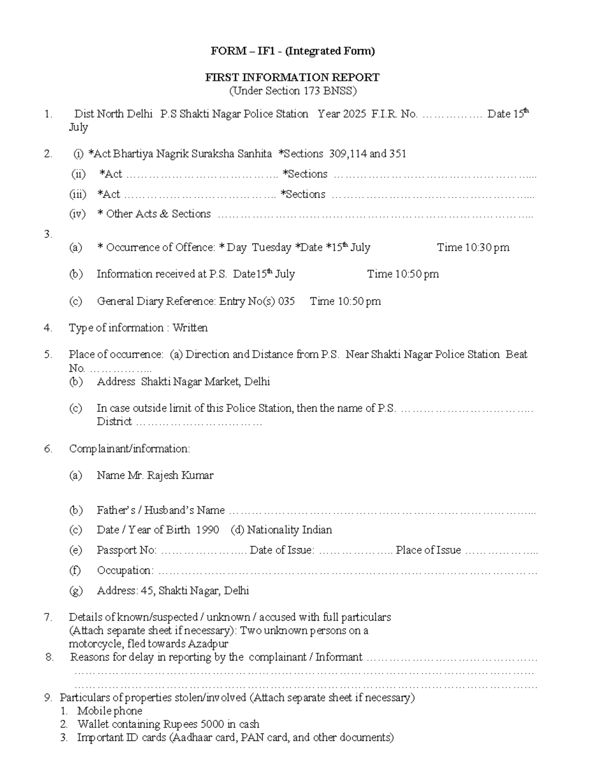 FIR Format - Integrated Form IF1 (BNSS Sec 173) - North Delhi 2025 ...