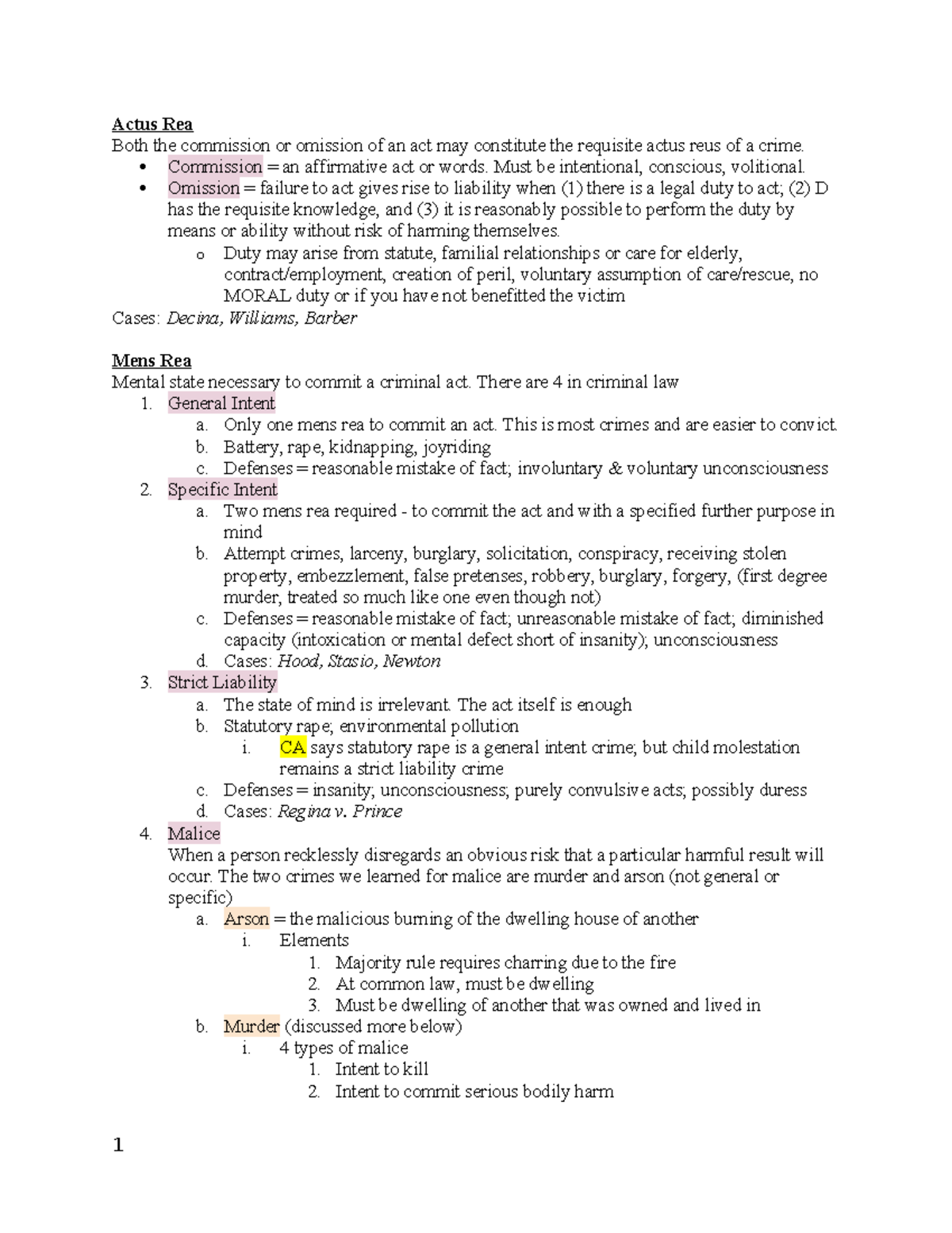 Course Code: X101 - Midterm Study Guide on Actus Reus, Mens Rea, and ...