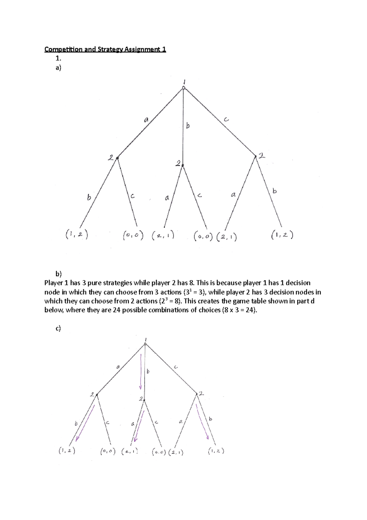Competition and Strategy Assignment 1 - a) b) Player 1 has 3 pure ...