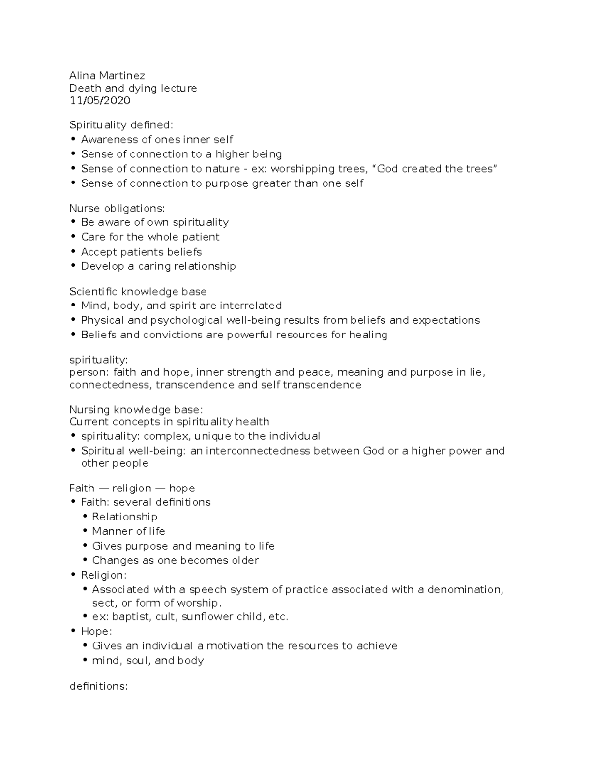 NUR 204: Death and Dying Lecture Notes on Spirituality and Grief - Studocu
