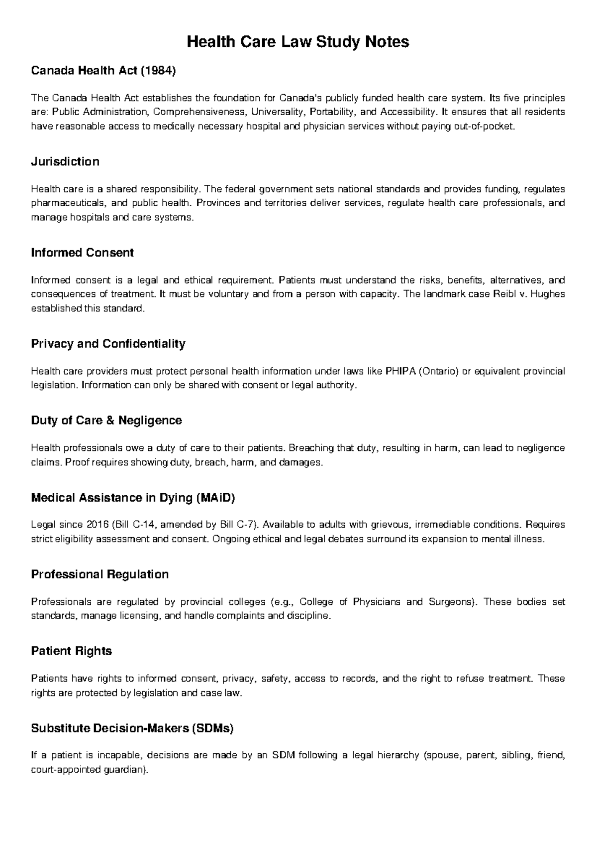 Health Care Law Study Notes - Health Care Law Study Notes Canada Health ...