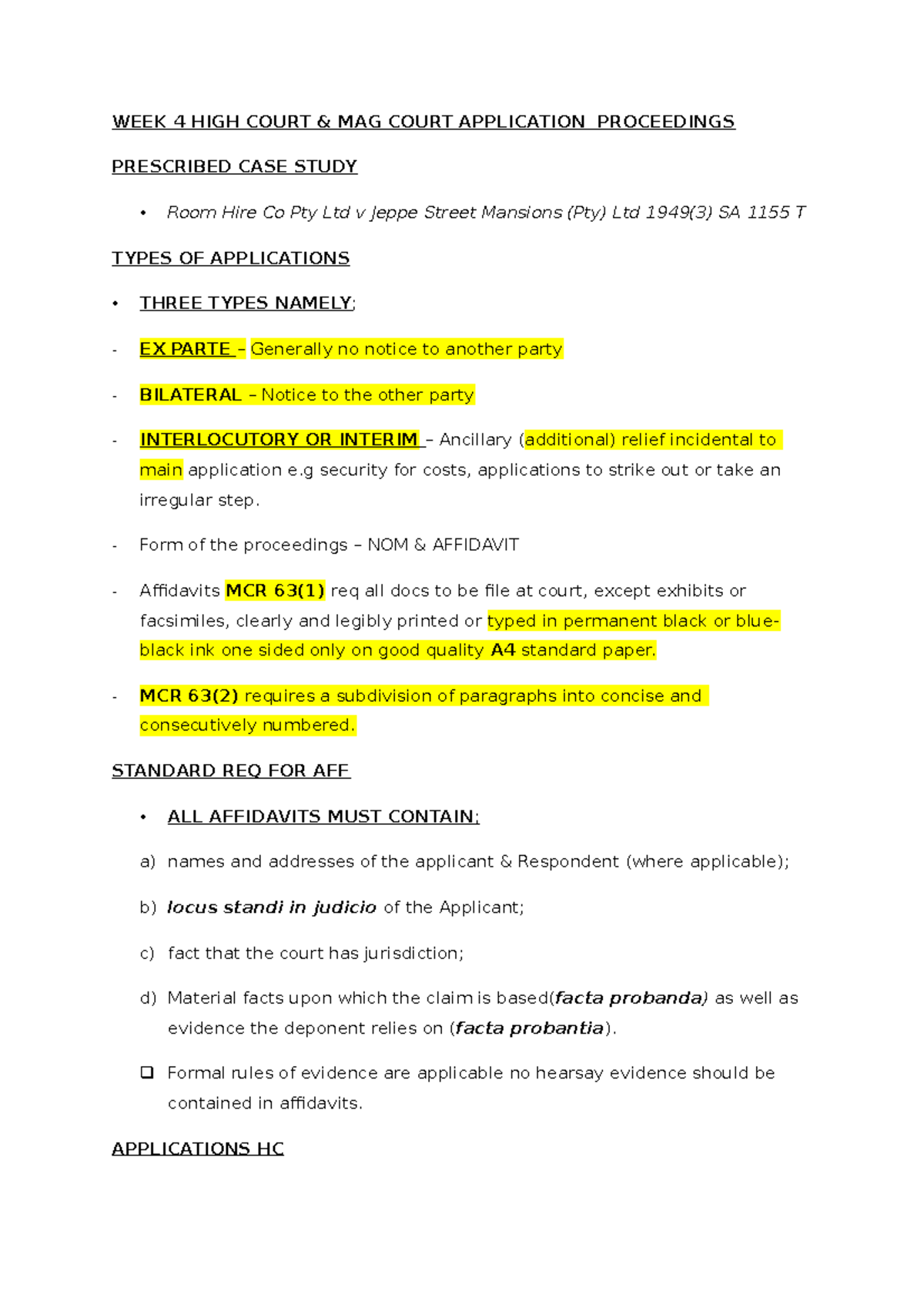 WEEK 4 HIGH COURT - Lecture Notes on Application Proceedings - Studocu