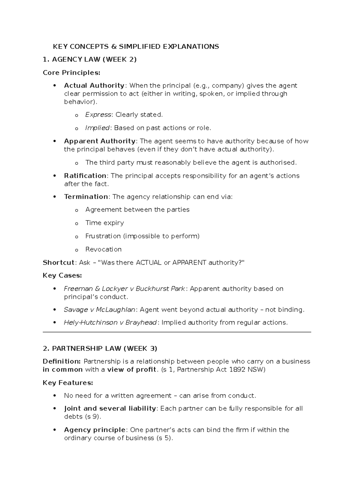 Law exam notes: Key concepts in agency, partnership, and corporations ...