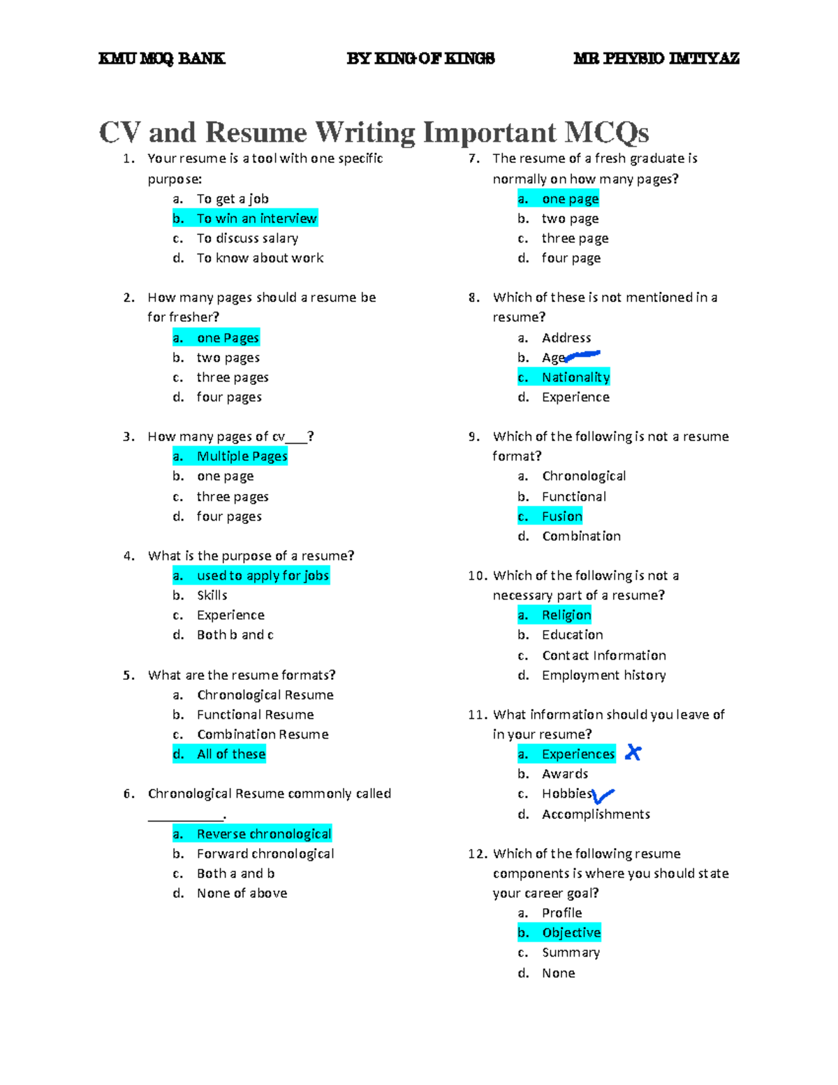 KMU CV and Resume MCQs - Important Questions for Paramedics - Studocu