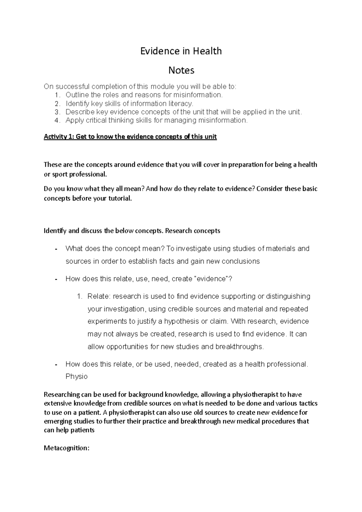 Lecture notes: weeks 1 through 5. Evidence Based Practice - Evidence in ...