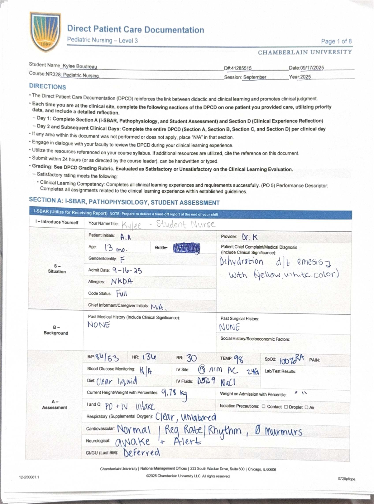Direct Patient Care Documentation for Pediatric Nursing NR328 Level 3 ...