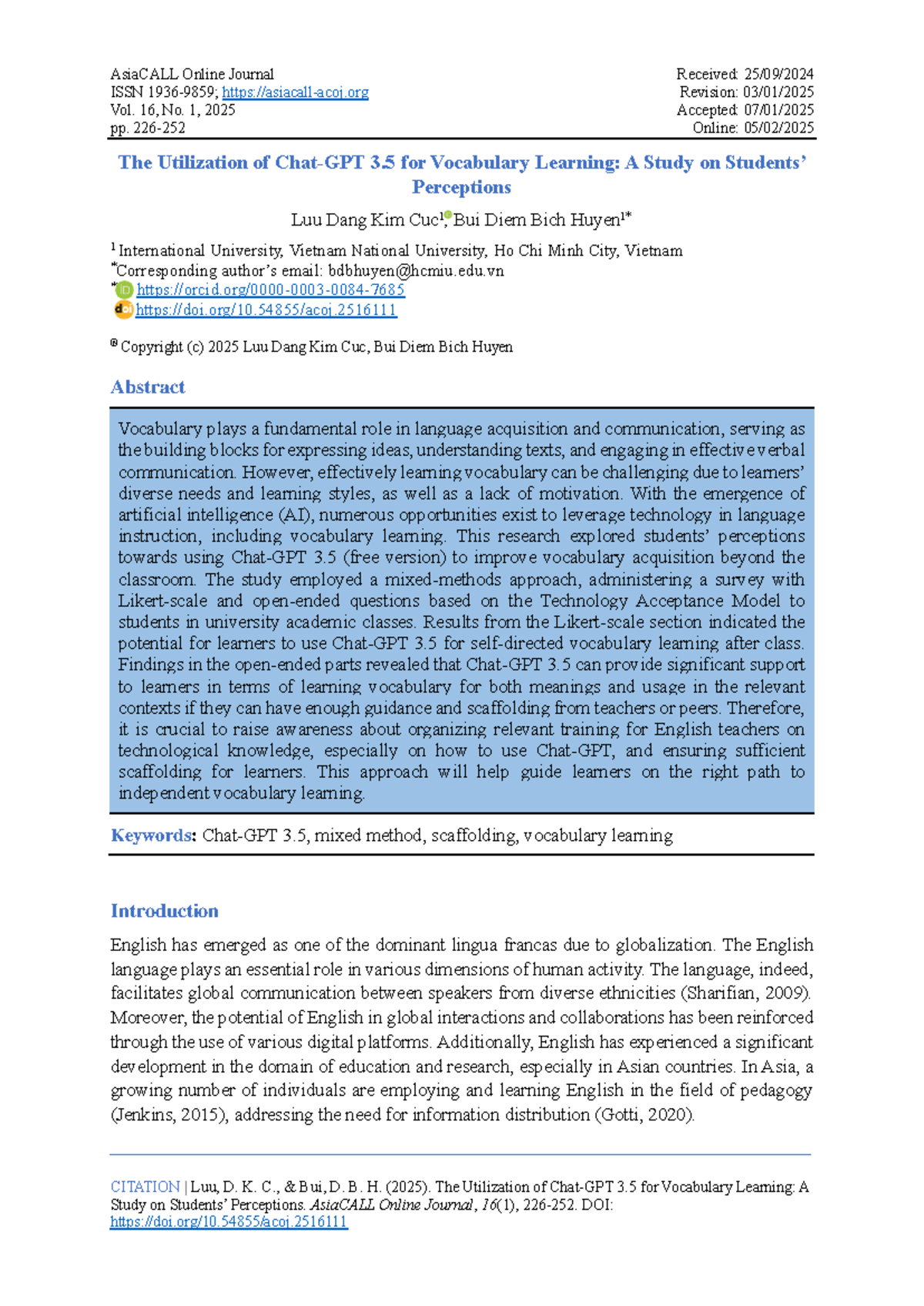 The utilization of ChatGPT 3.5 for vocabulary learning: A study on ...