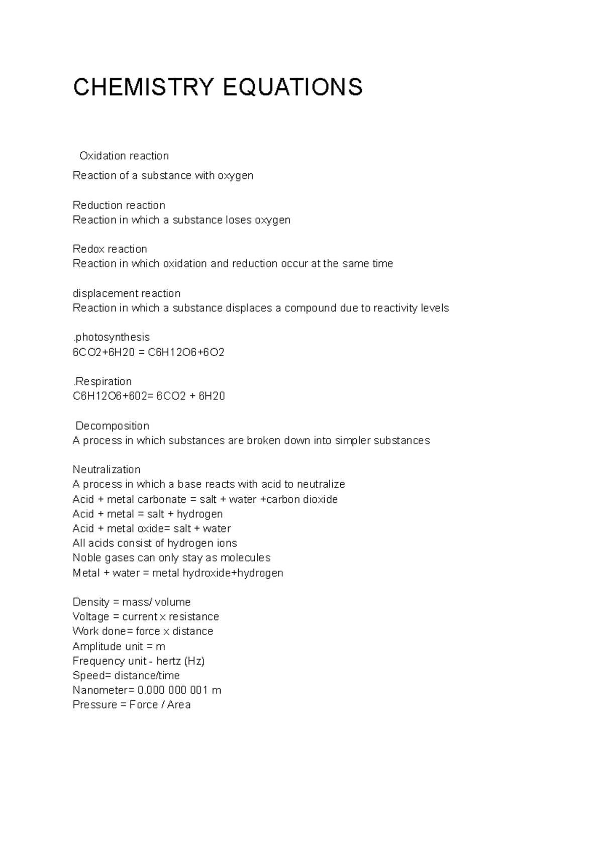 CHEMISTRY 101: Key Equations and Concepts for Final Exam Review - Studocu