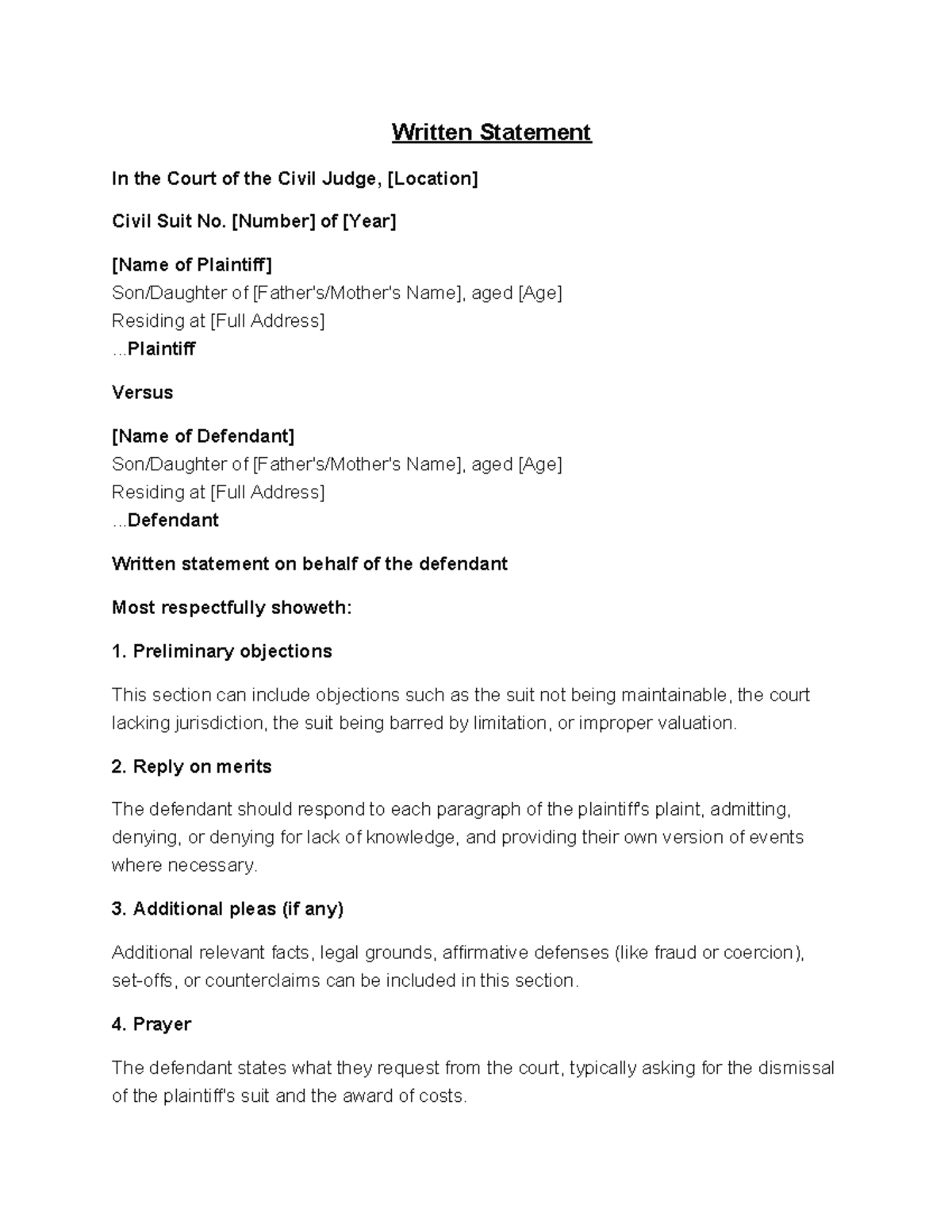 Civil Suit Written Statement Drafting & Pleading Guide - Studocu