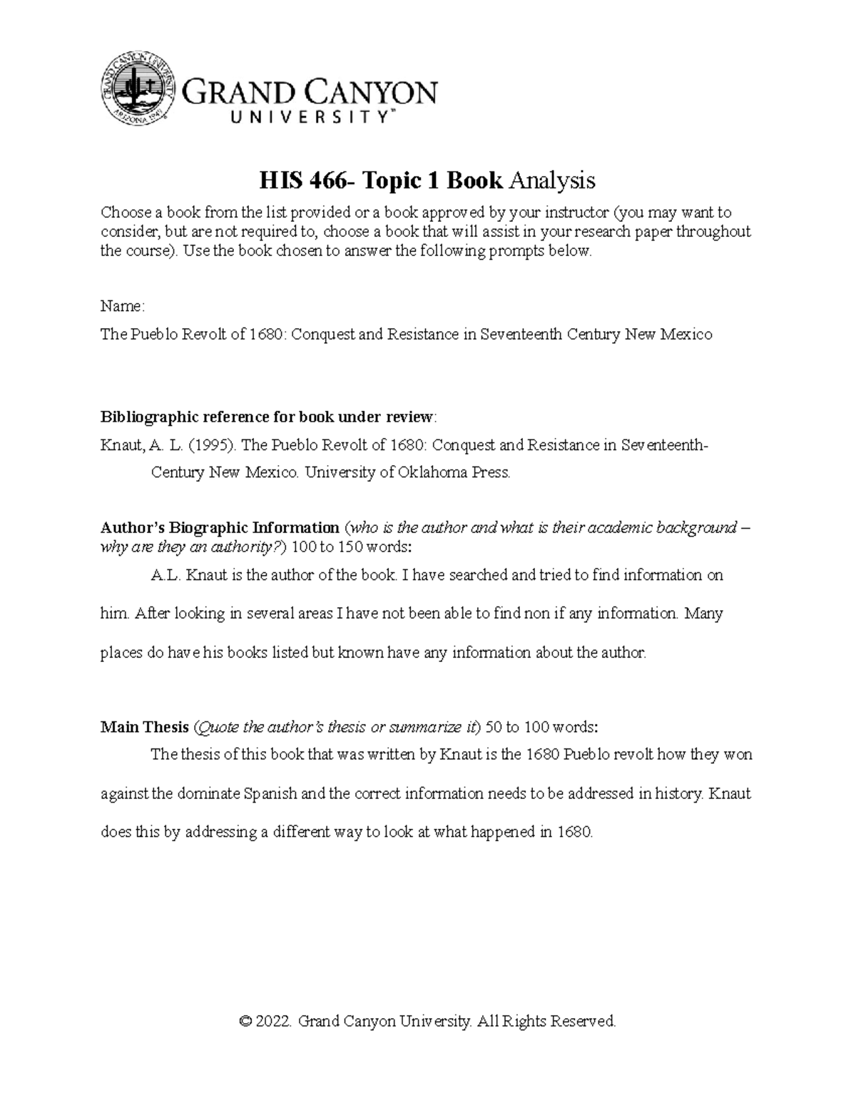 HIS-466 T1 Book Analysis: The Pueblo Revolt of 1680 by A. Knaut - Studocu