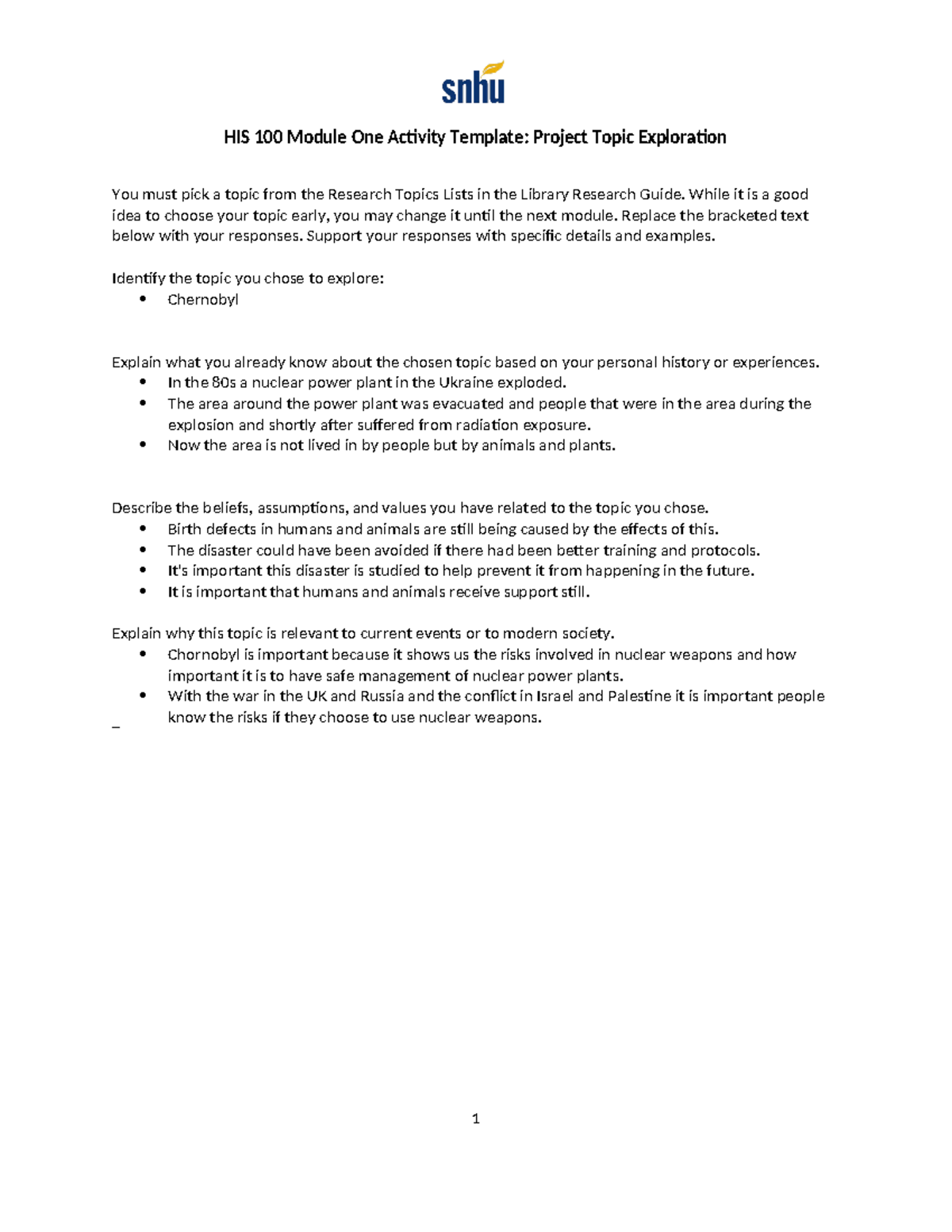 HIS 100 Module One Activity - While it is a good idea to choose your ...