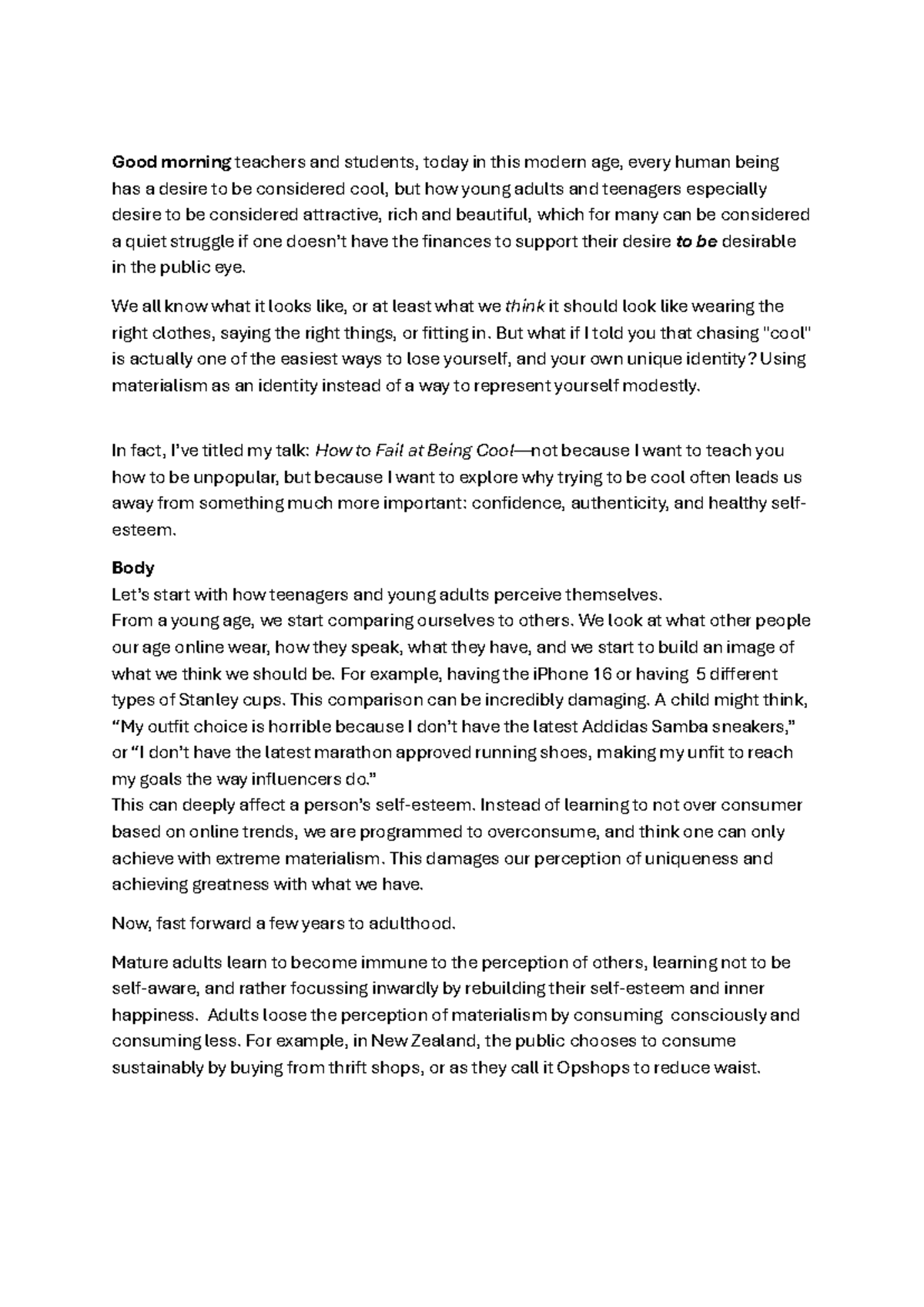 English Oral Script: Exploring Materialism and Identity in Youth - Studocu
