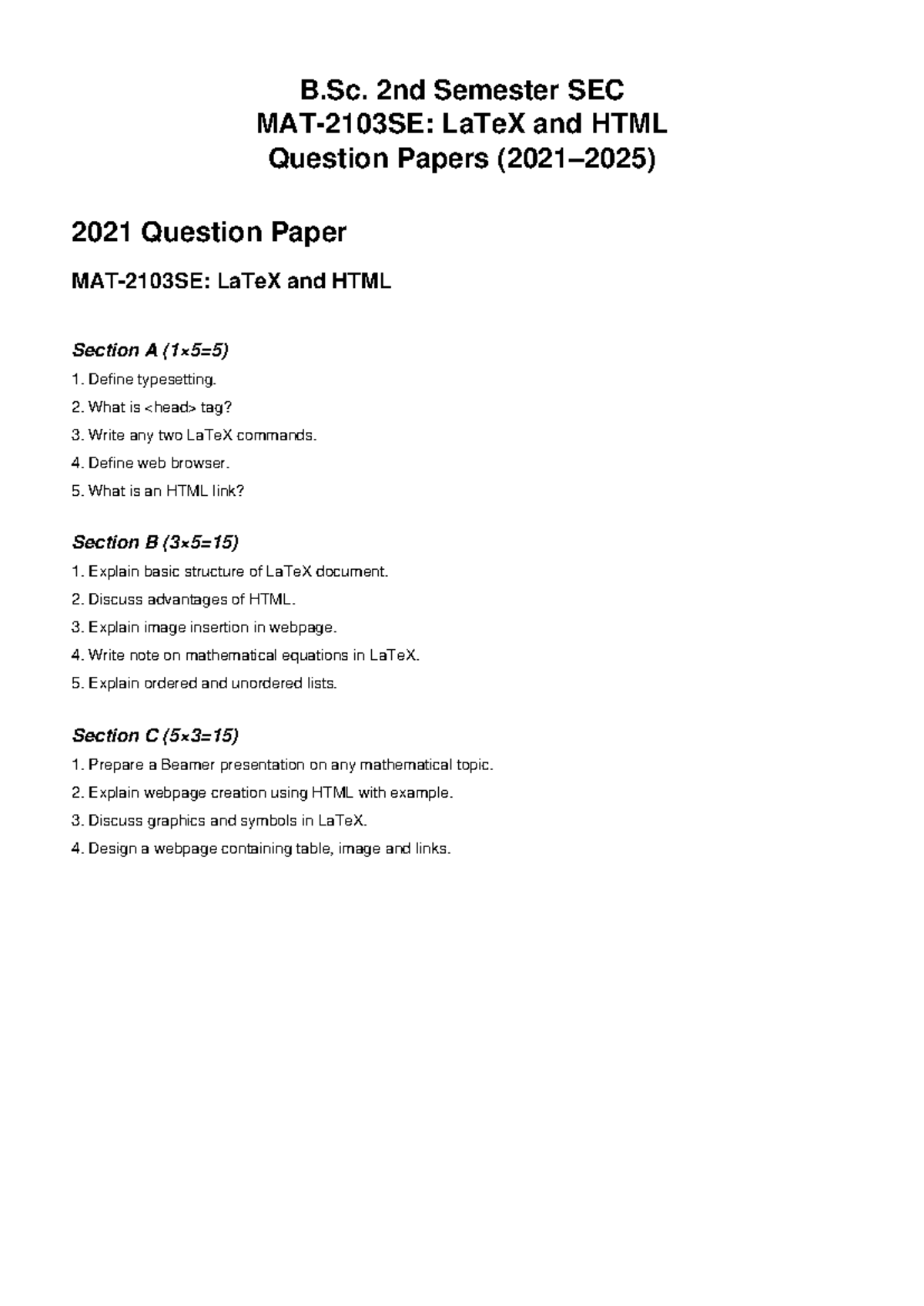 B.Sc. SEC LaTeX & HTML Question Papers (2021-2025) - Studocu