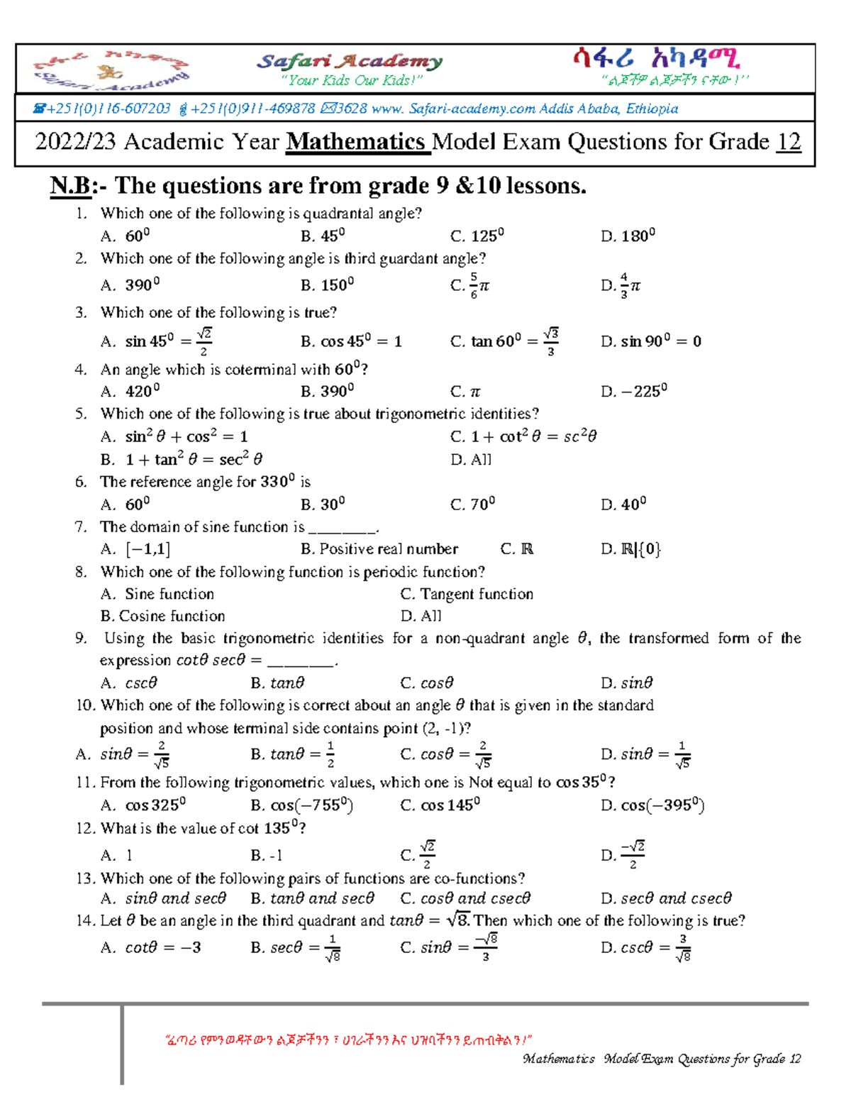 Grade 12 Mathematics Model Exam Questions - Addis Ababa, Ethiopia - Studocu
