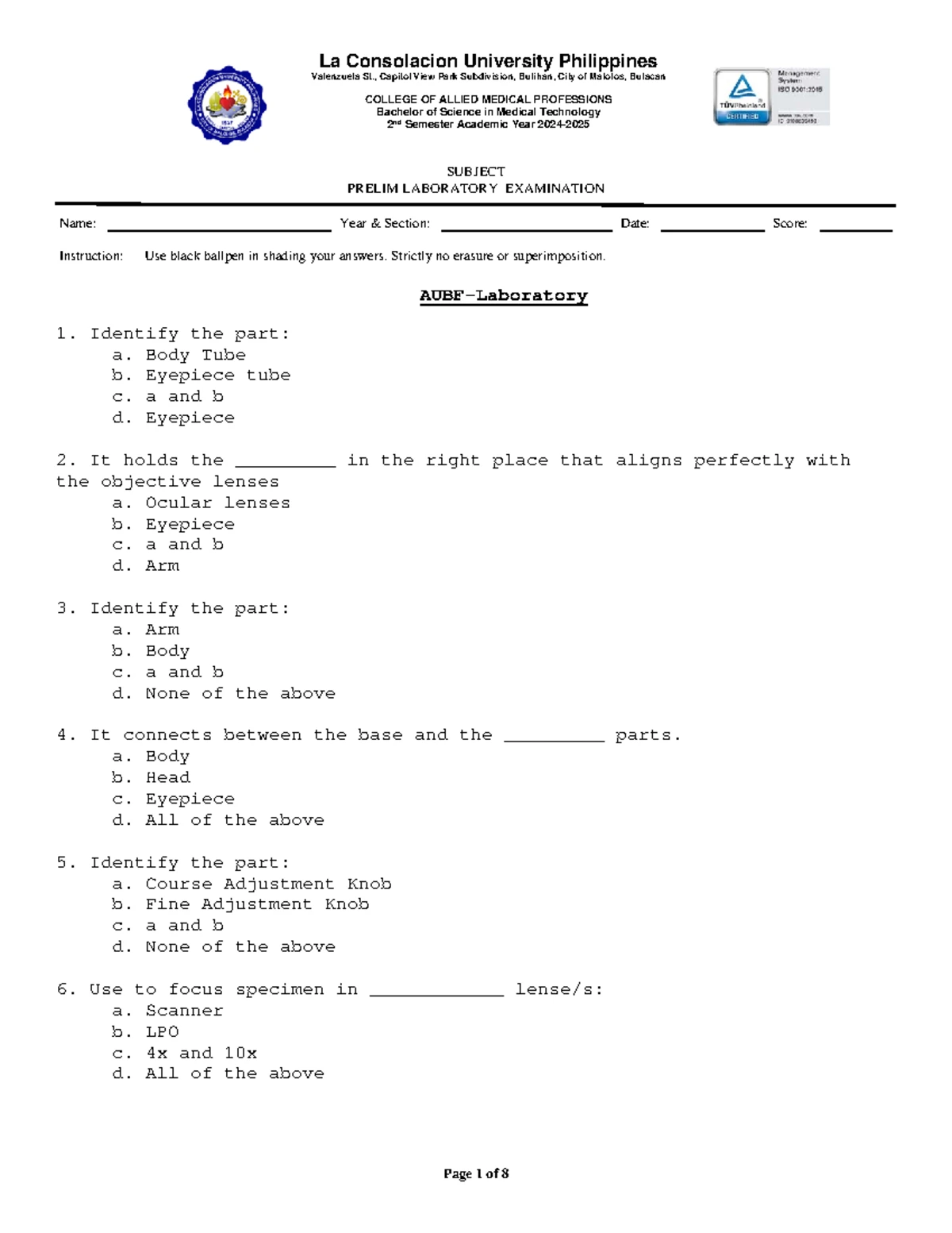 AUBF Prelims Laboratory LACO - SUBJECT PRELIM LABORATORY EXAMINATION ...