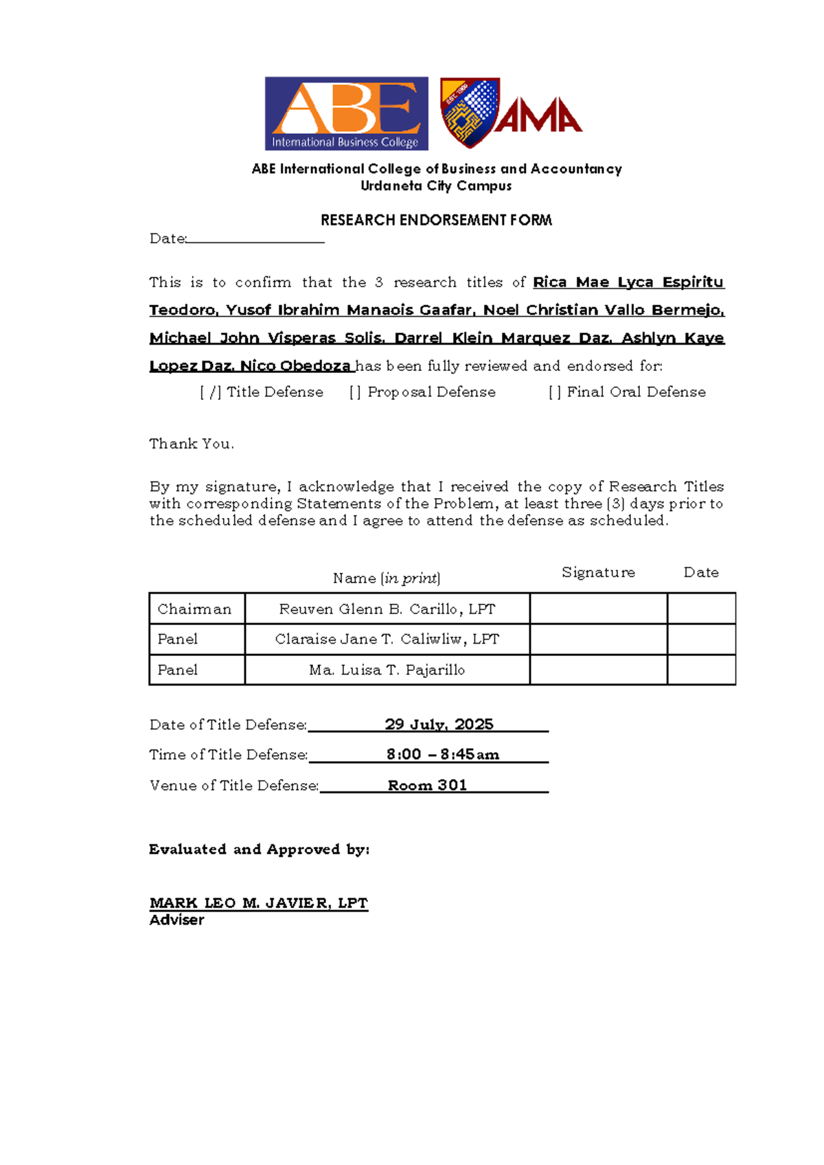 ABE-ICBA Research Endorsement Form for Title Defense on Cramming ...