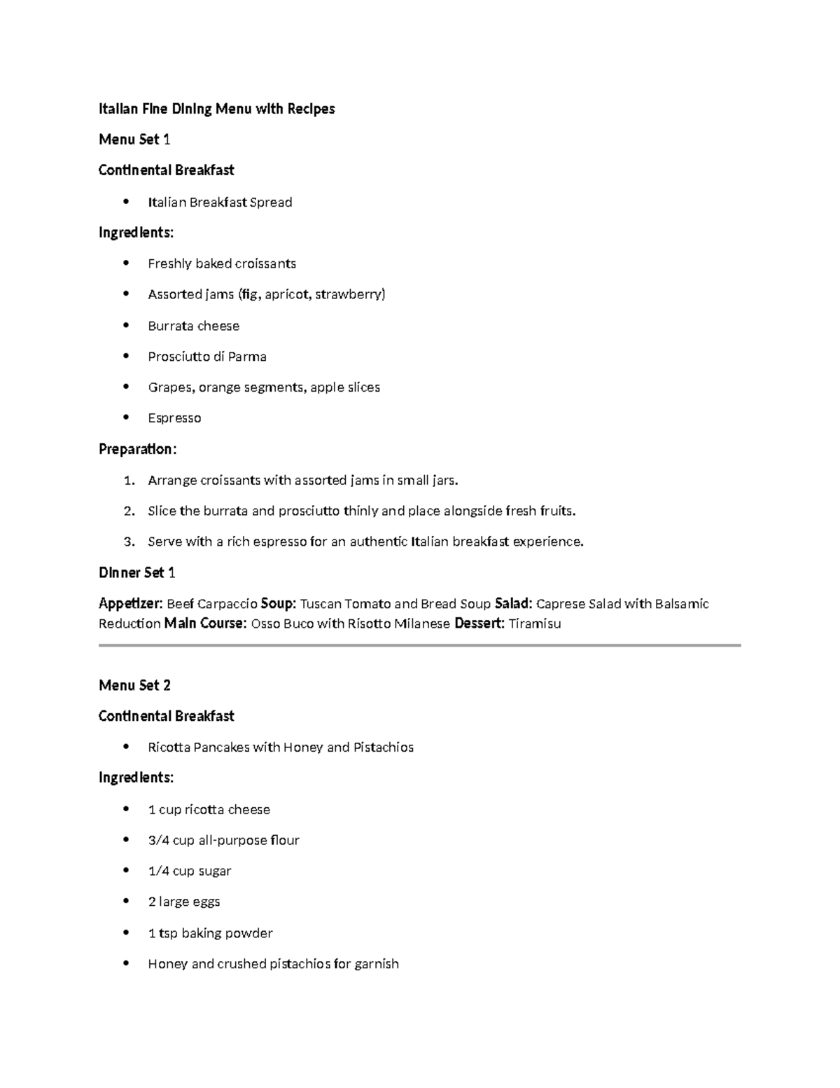 Italian Fine Dining Menu & Recipes FBS Assignment 1 - Studocu