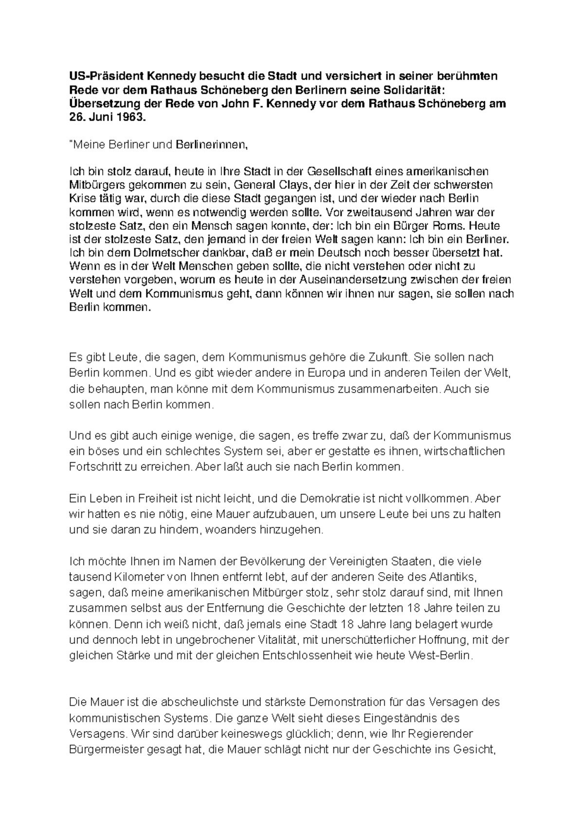 Rede von John F. Kennedy vor dem Rathaus Schöneberg - SS 1963 - Studocu