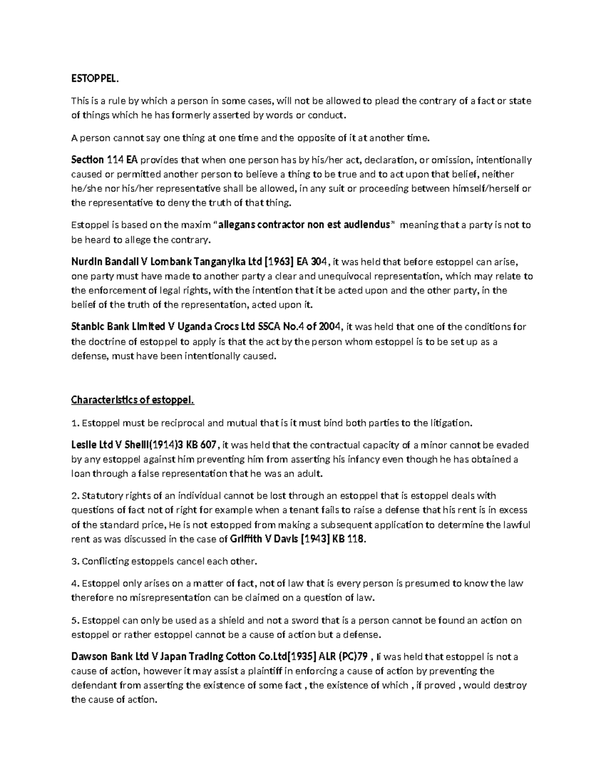 Course Code: LAW101 - Doctrine of Estoppel Explained in Detail - Studocu
