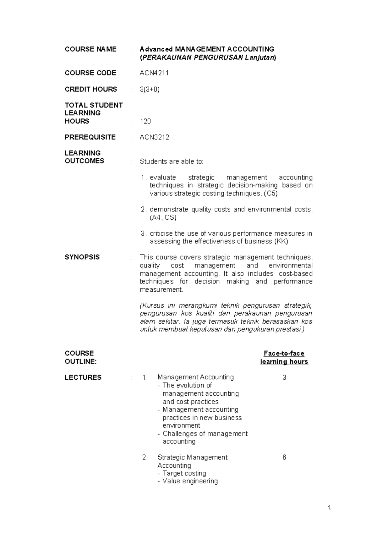 Advanced Management Accounting Course Outline (ACN4211) - Studocu