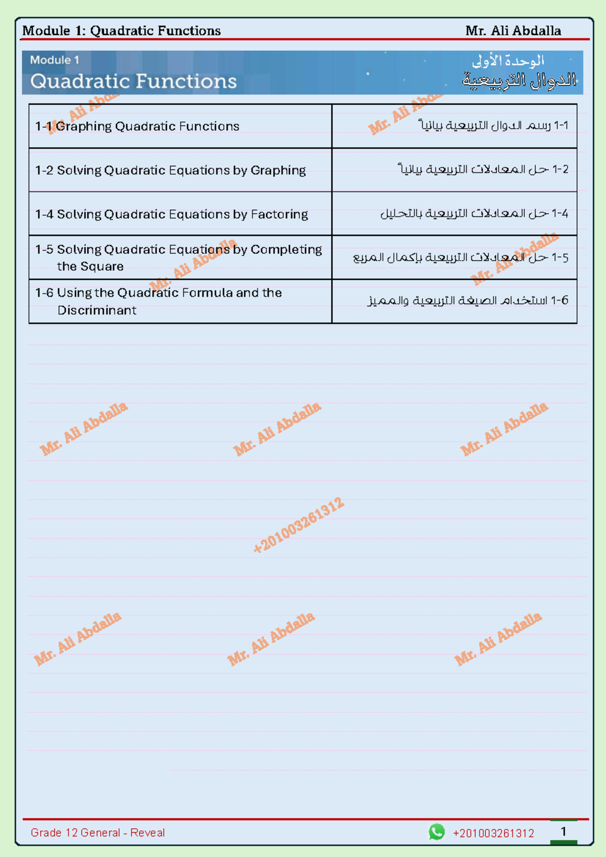 Module 1: Quadratic Functions - Grade 12 General Overview - Studocu