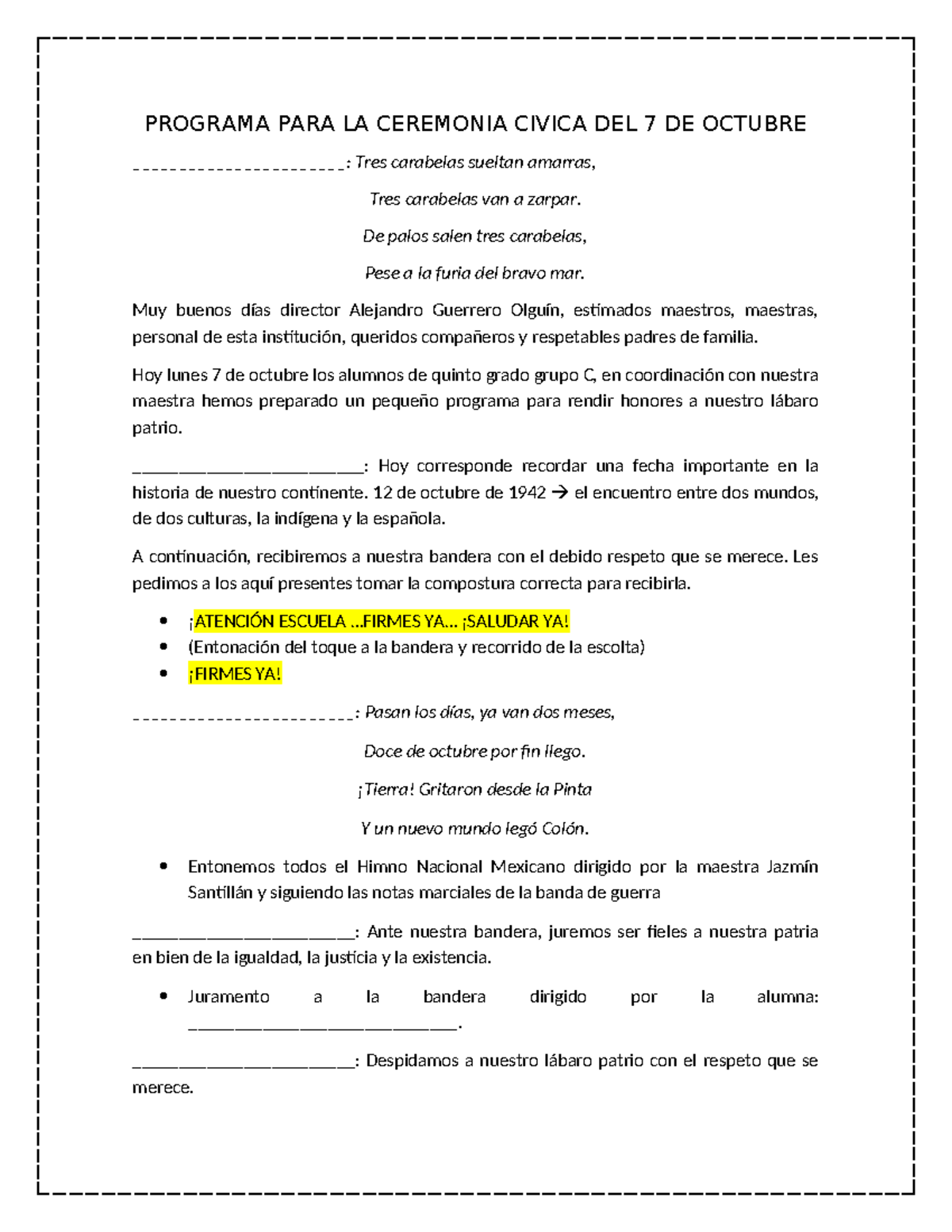 Programa PARA LA Ceremonia Civica DEL 7 DE Octubre - PROGRAMA PARA LA ...