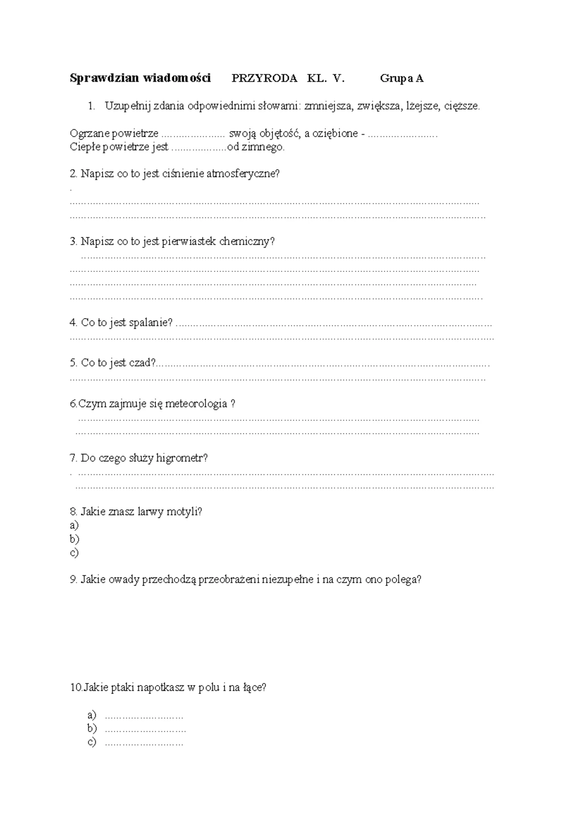 Sprawdzian Przyroda Kl 6 Dzial 6