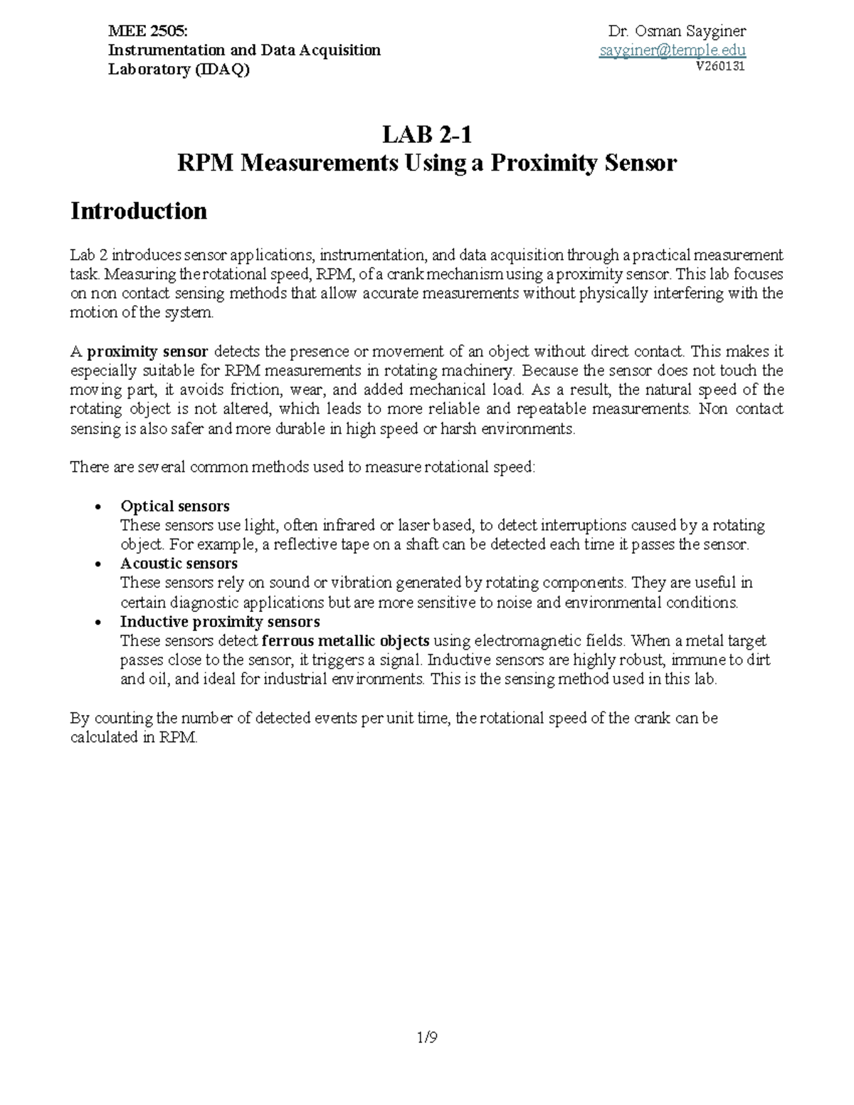 MEE 2505: Lab 2 - RPM Measurement Using Proximity Sensor - Studocu