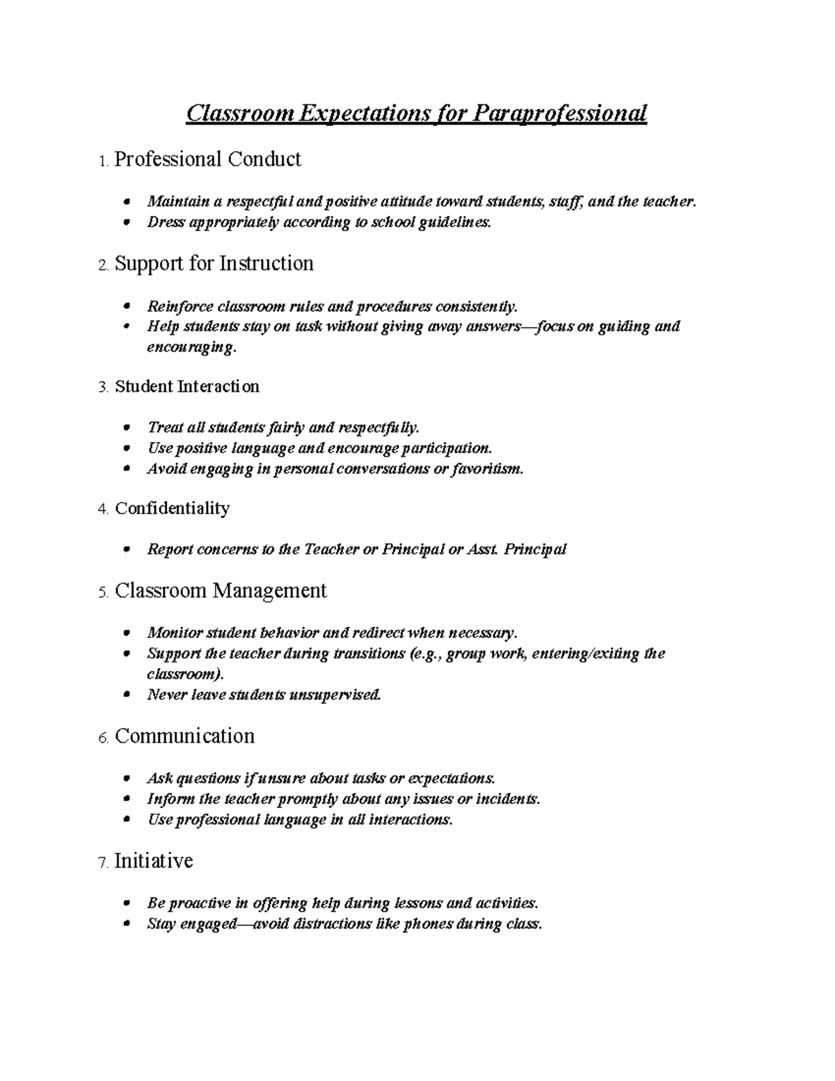 Classroom Expectations for Paraprofessionals: Guidelines & Conduct ...