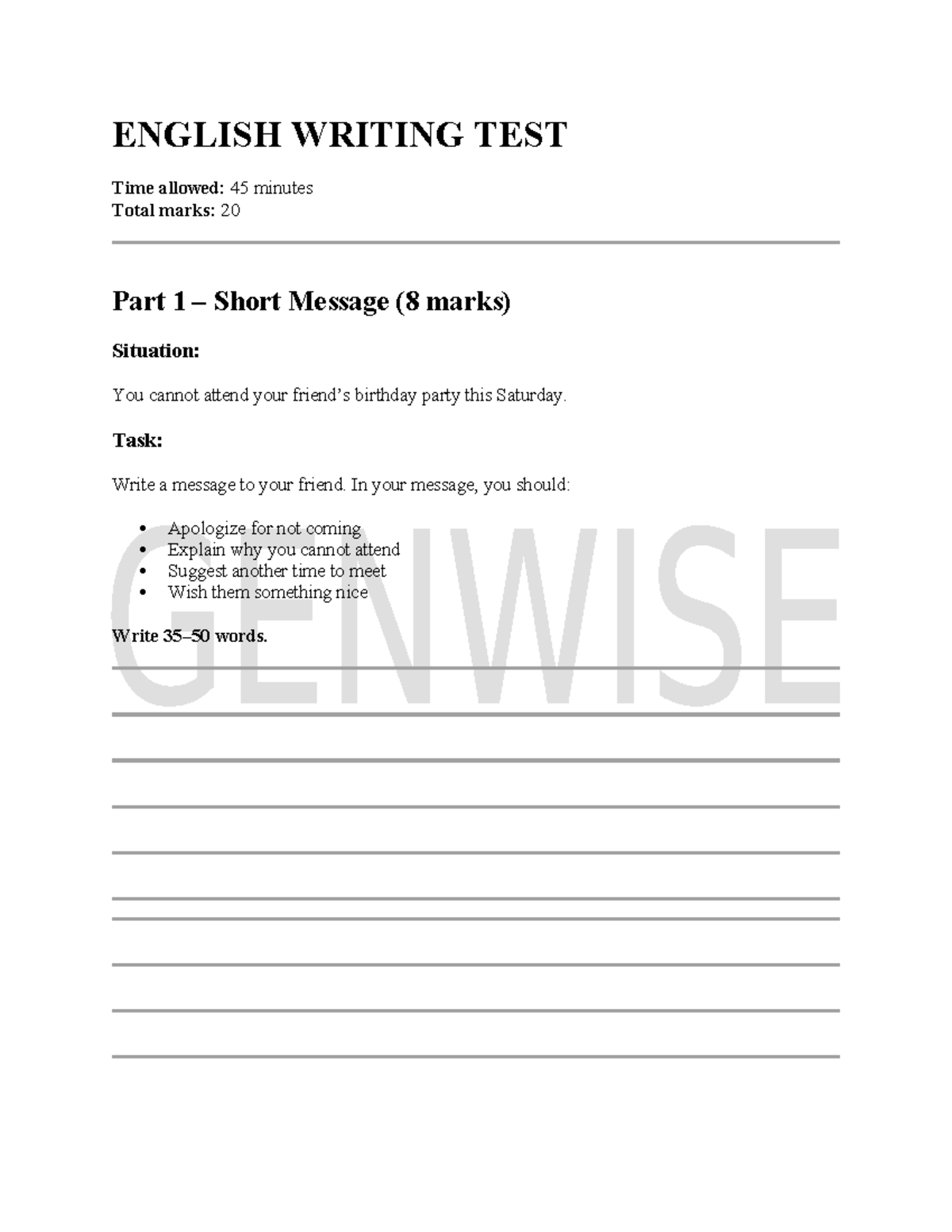 ENGLISH WRITING TEST - Short Message & Paragraph Tasks - Studeersnel