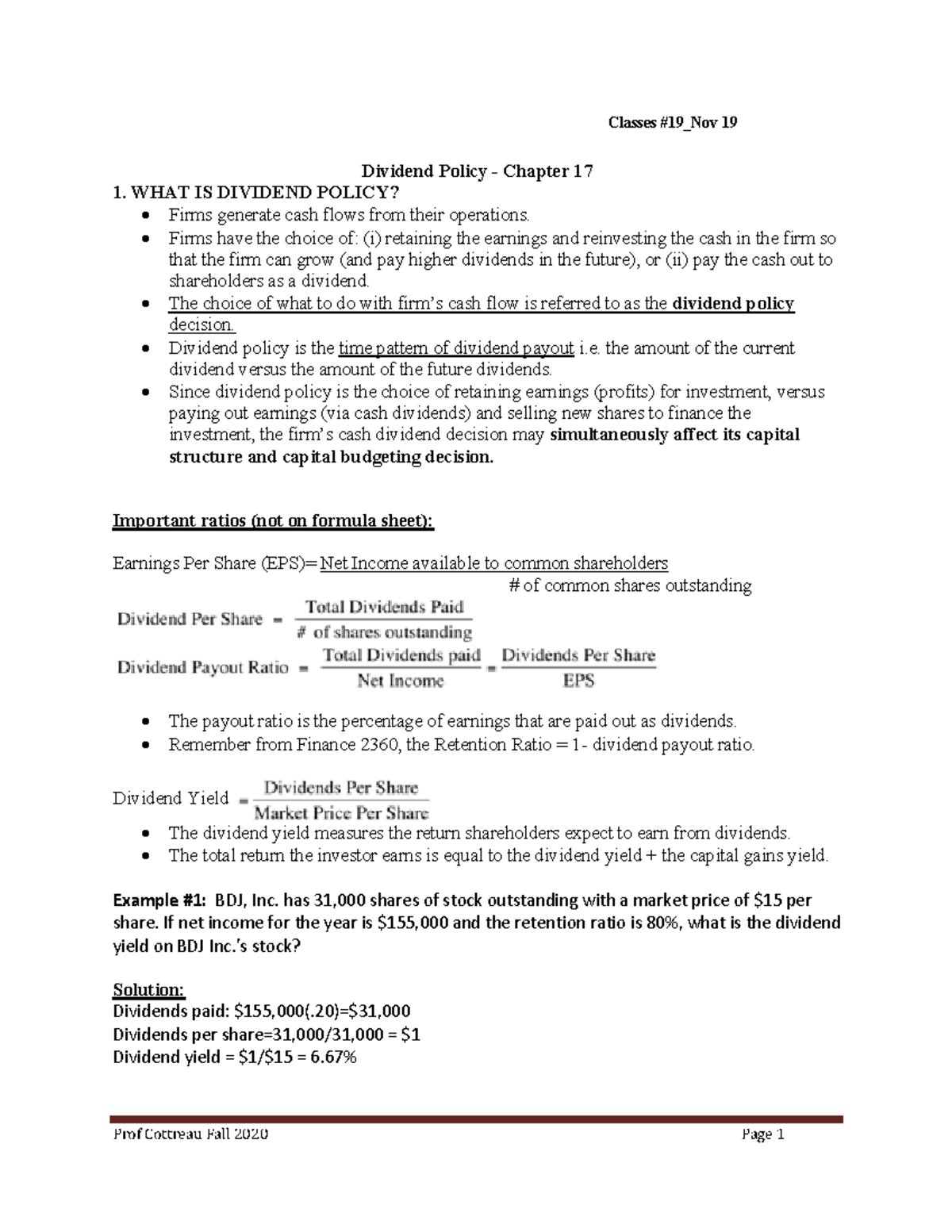 Class #19 Ch 17 Dividend Policy Notes & Solutions - Studocu