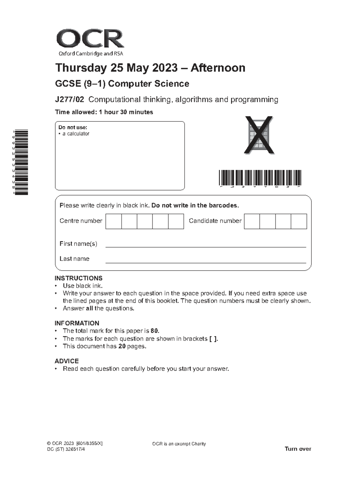GCSE Computer Science Exam Paper: Computational Thinking & Algorithms ...
