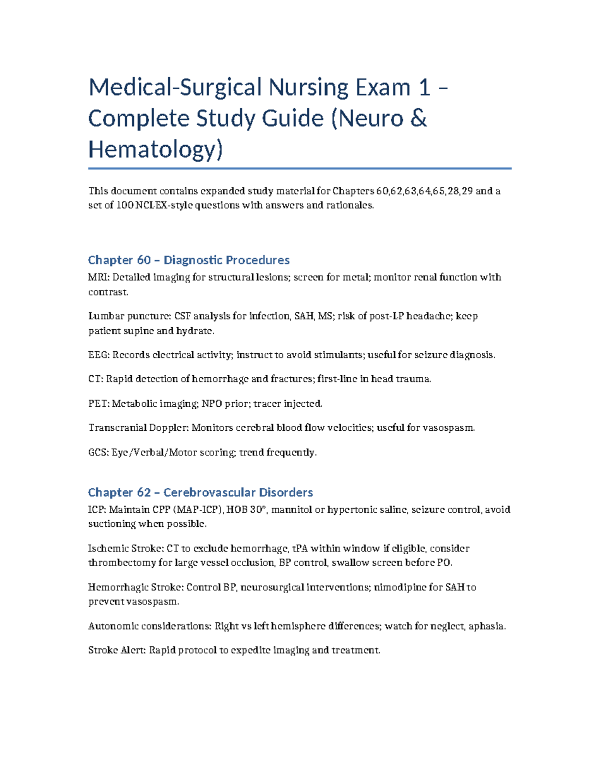 NUR 101 Exam 1 Comprehensive Study Guide with 100 Q&As - Studocu