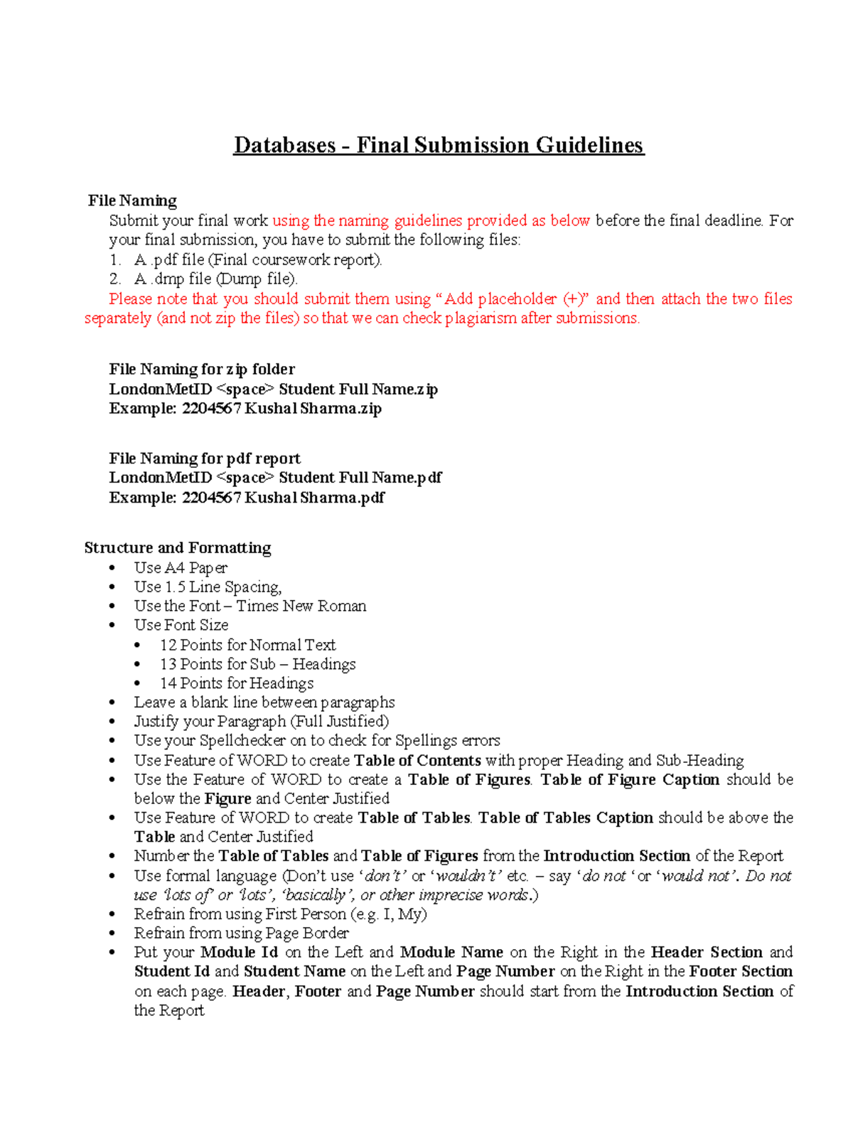 Databases 158223 Final Submission Guidelines and File Naming - Studocu