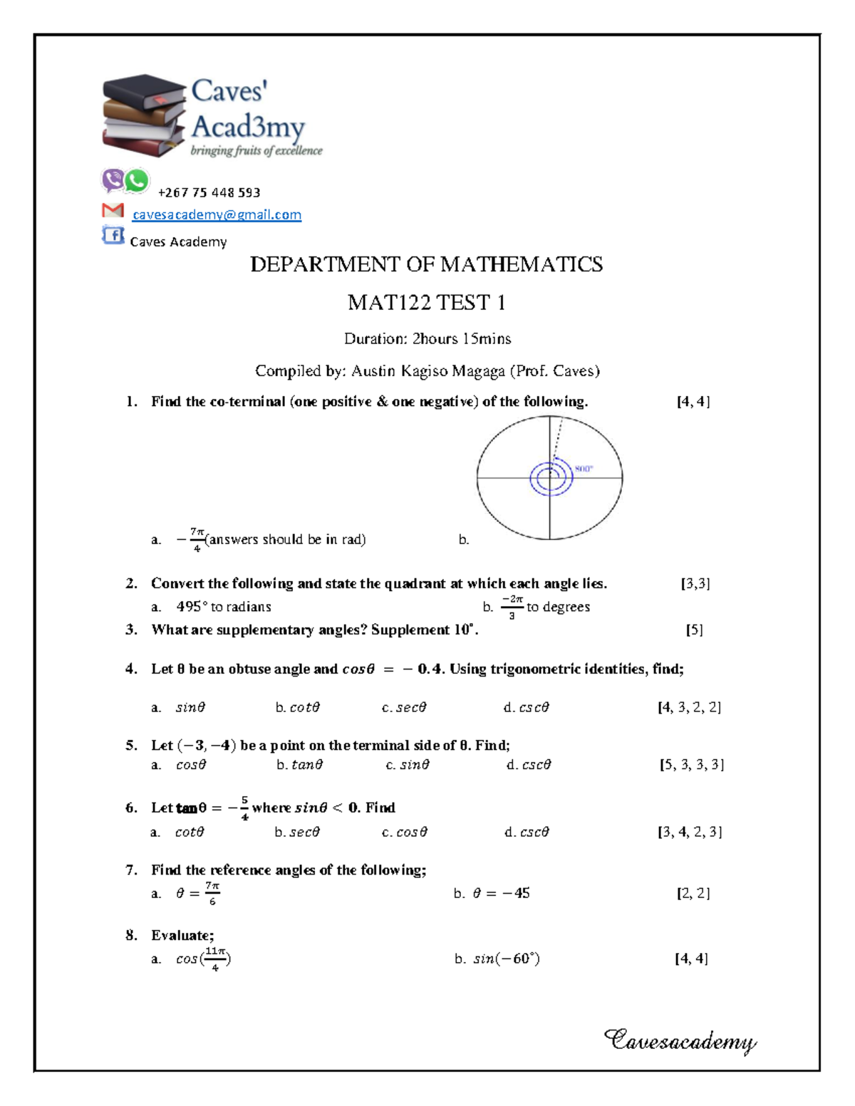 CA MAT122 Test 1 (2023) - Trigonometric Functions & Angles - Studocu