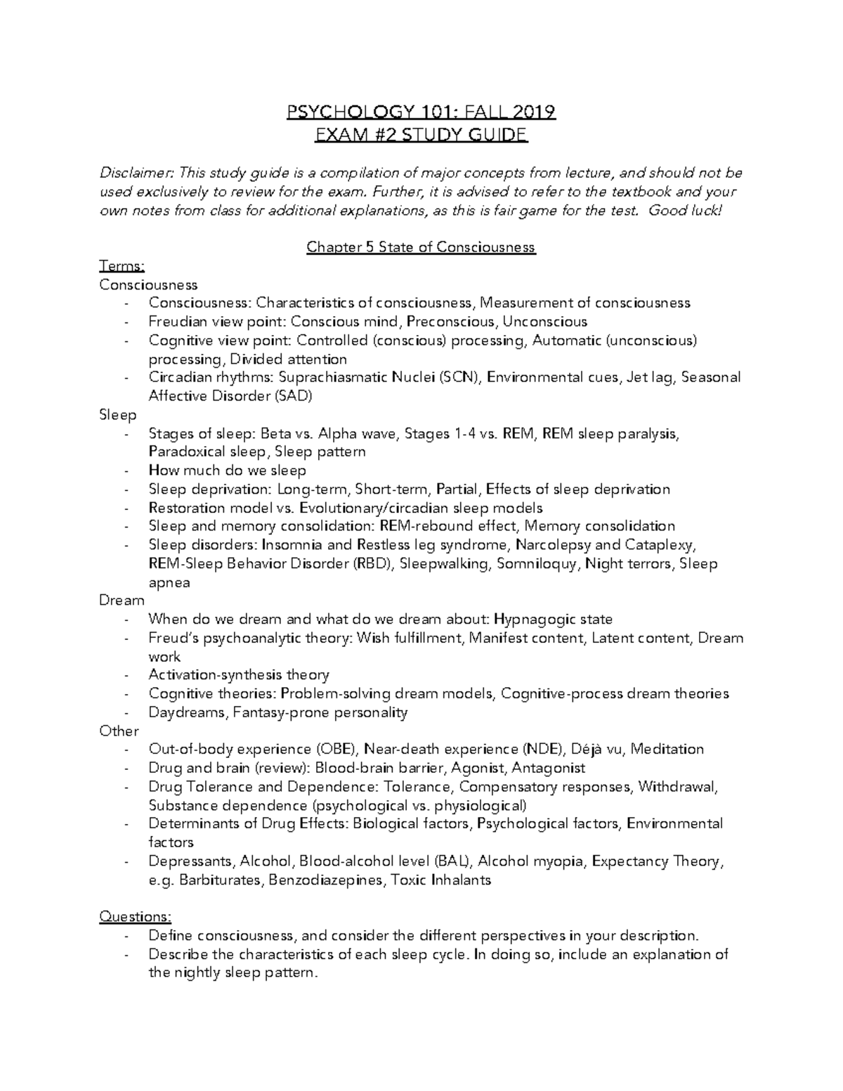 PSY 101 Exam #2 Study Guide: Consciousness, Learning, Emotion ...