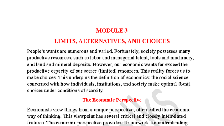 Module III: Limits, Alternatives, and Choices in Economics - Studocu