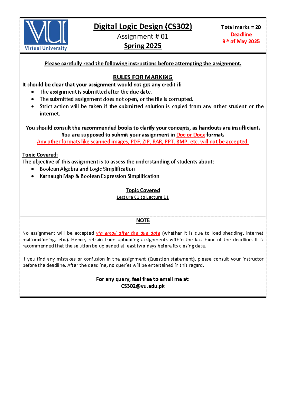 Spring 2025 CS302 - Digital Logic Design Assignment #01 Details - Studocu