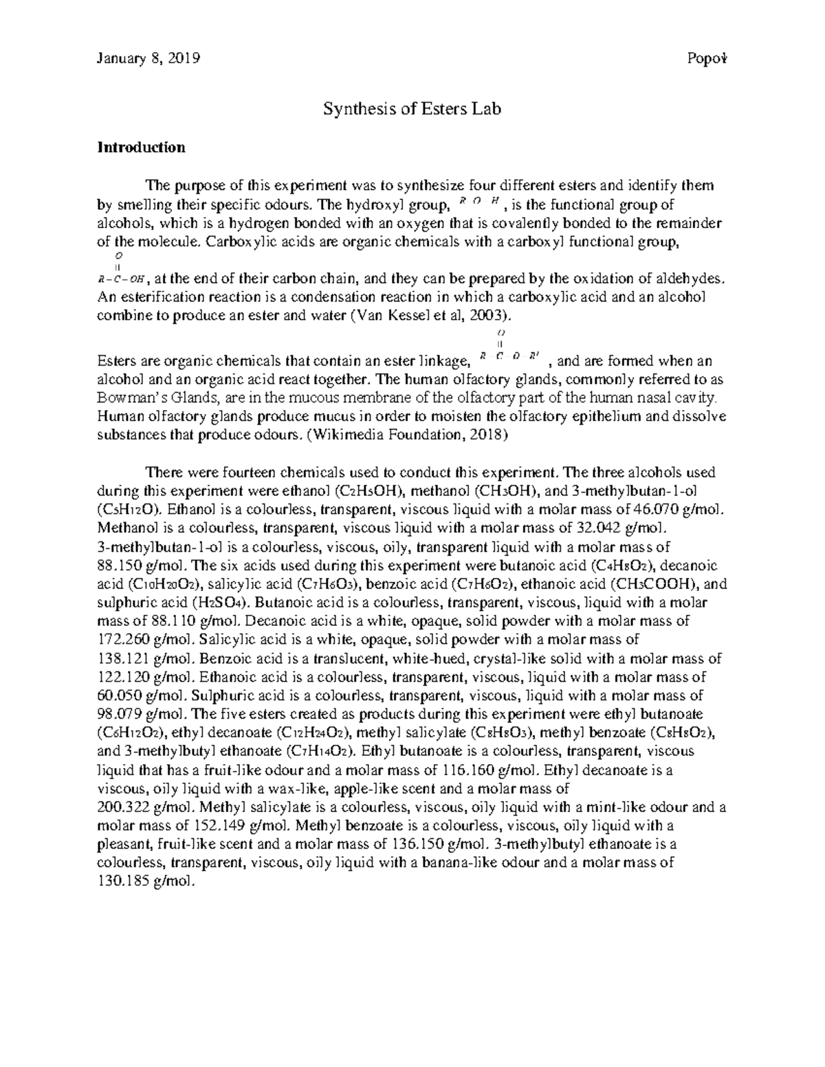 Synthesis of Esters Lab Report: Experiment & Results Analysis - Studocu