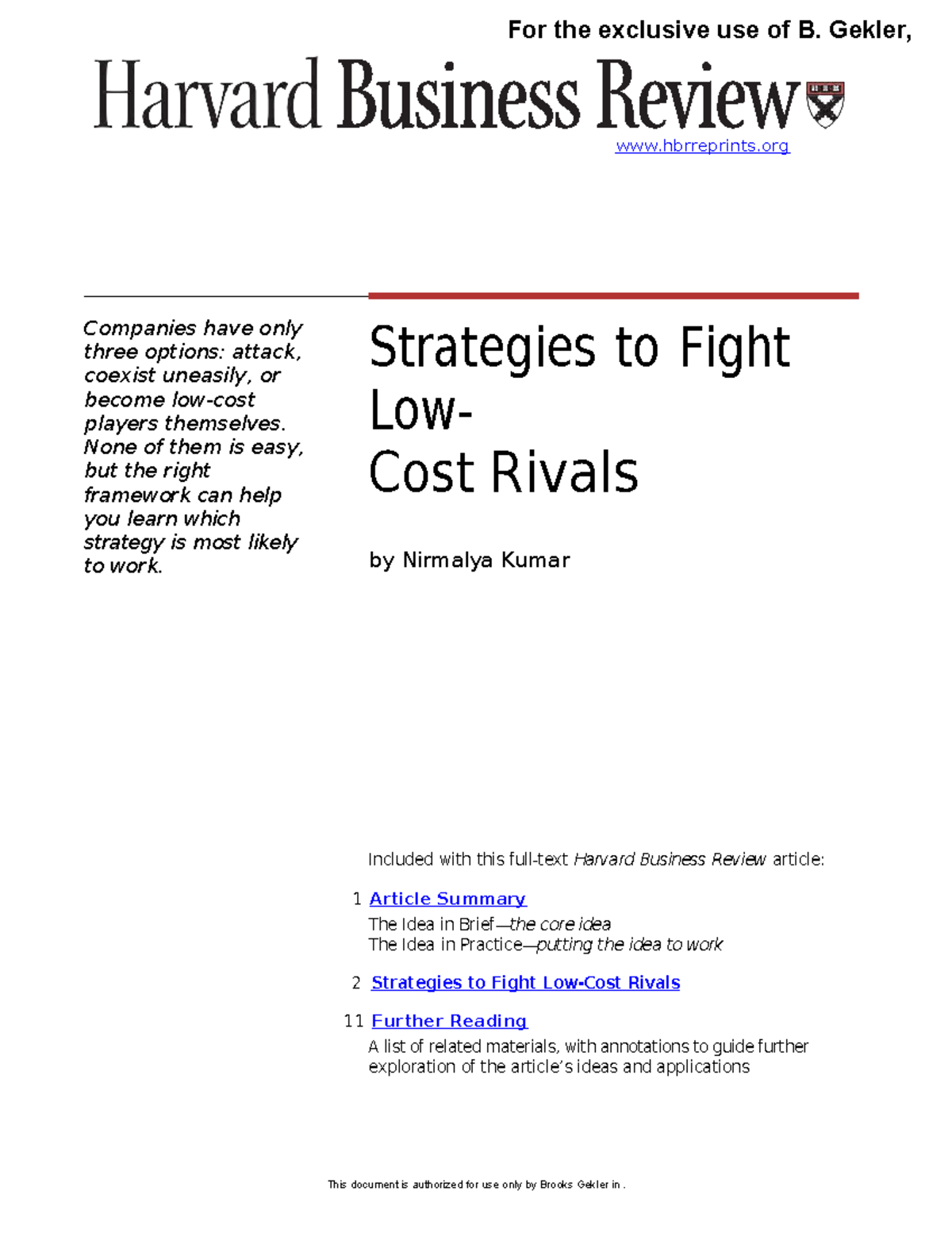 Strategies to Combat Low-Cost Rivals (R0612F) - Studocu