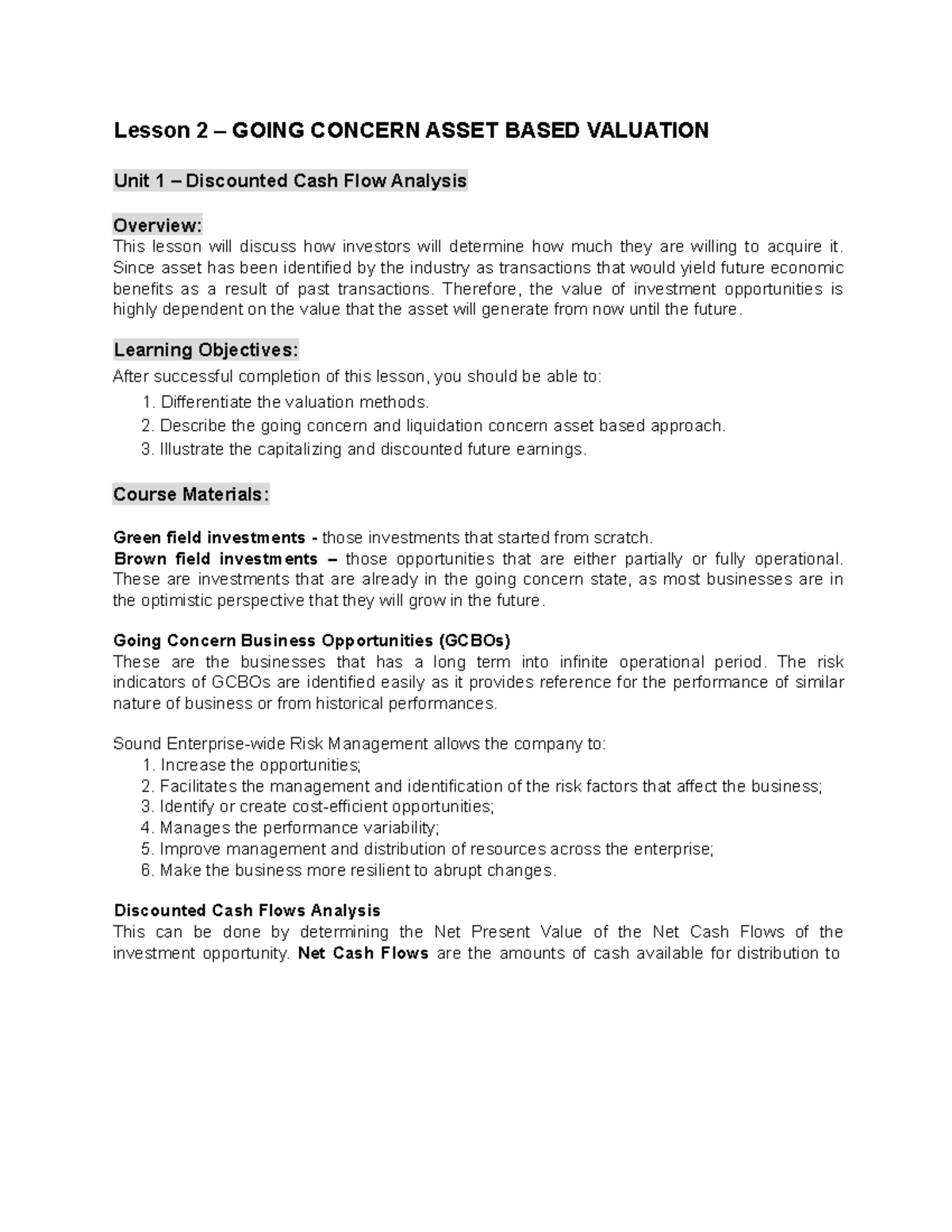 Lesson 2: Going Concern Asset-Based Valuation (ACCO 40013) - DCF ...