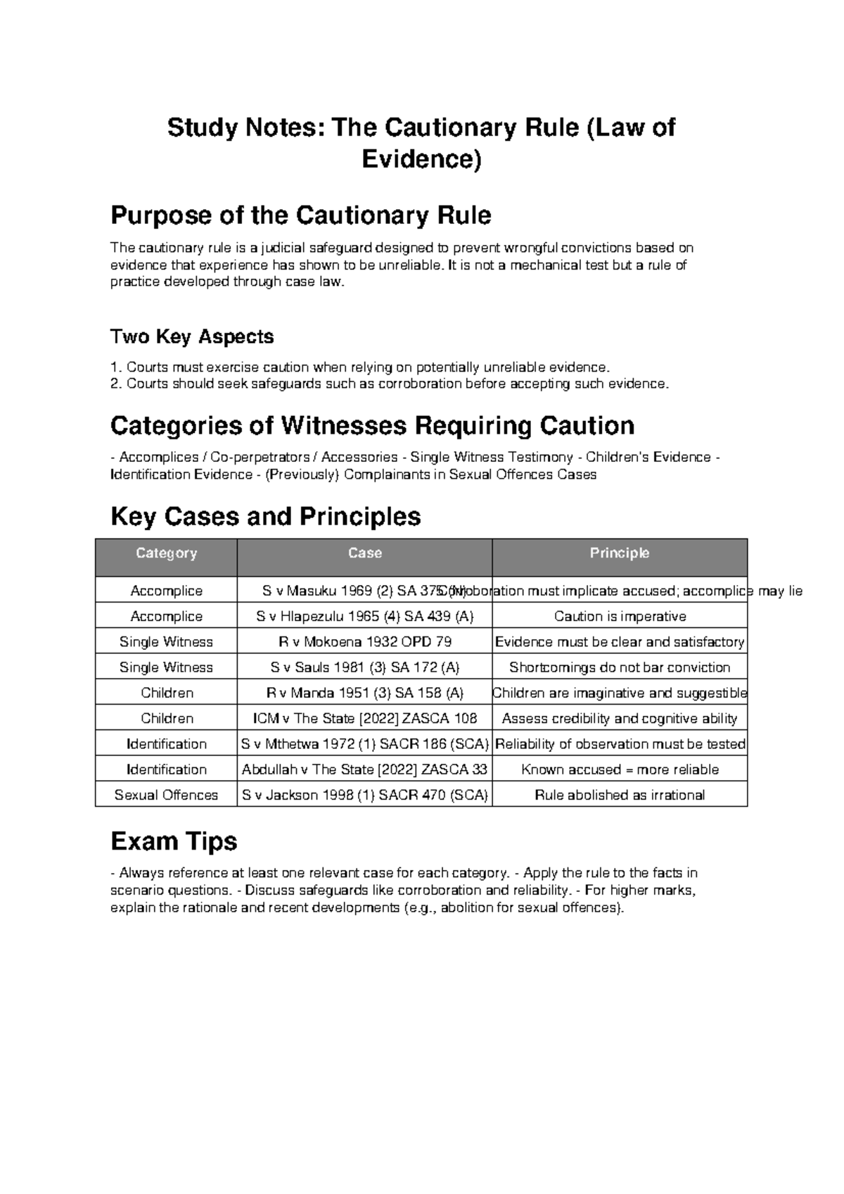 Study Notes: Cautionary Rule in Law of Evidence (LE 101) - Studocu