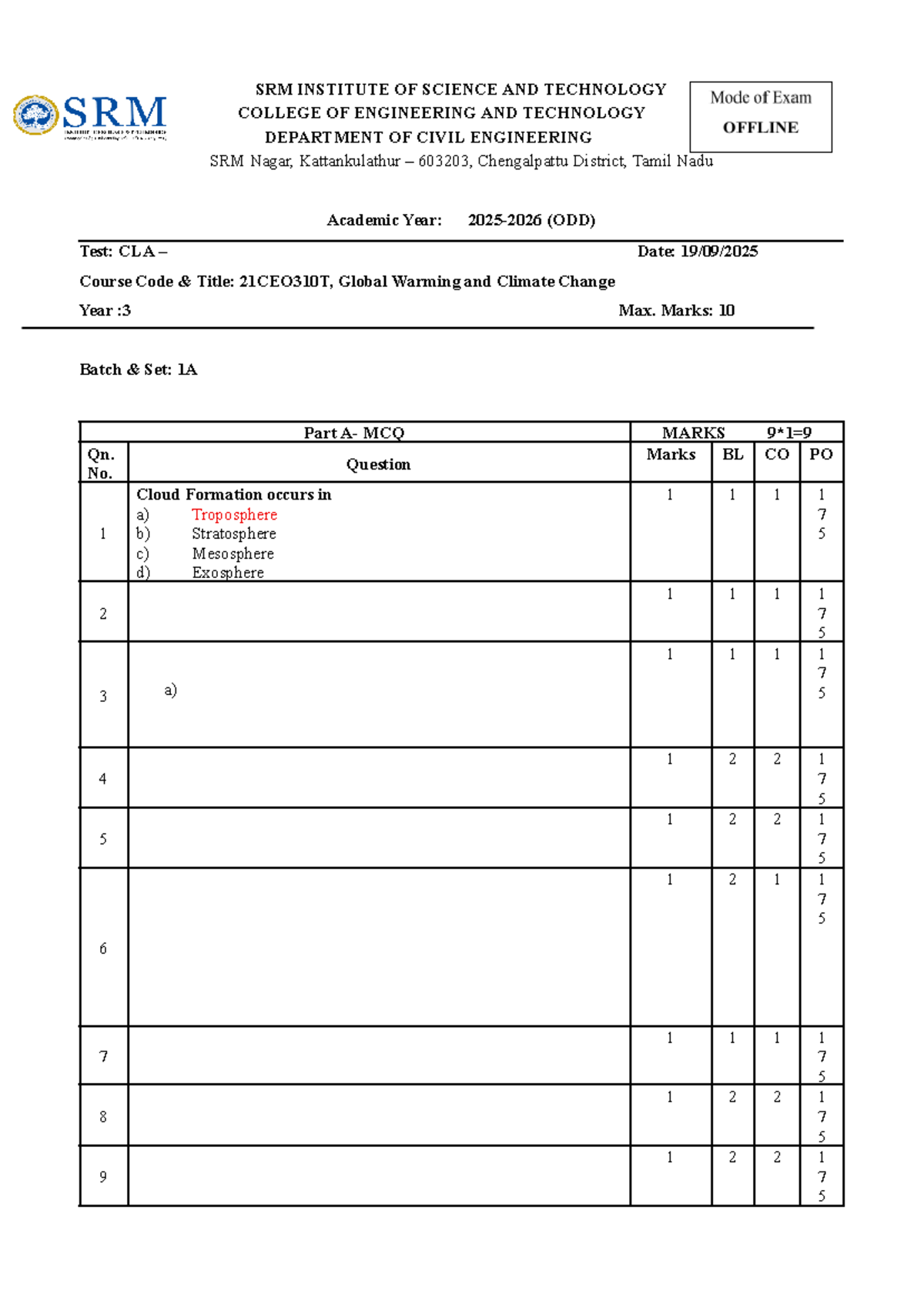 21CEO310T Global Warming & Climate Change Test (ODD) - MCQ ...