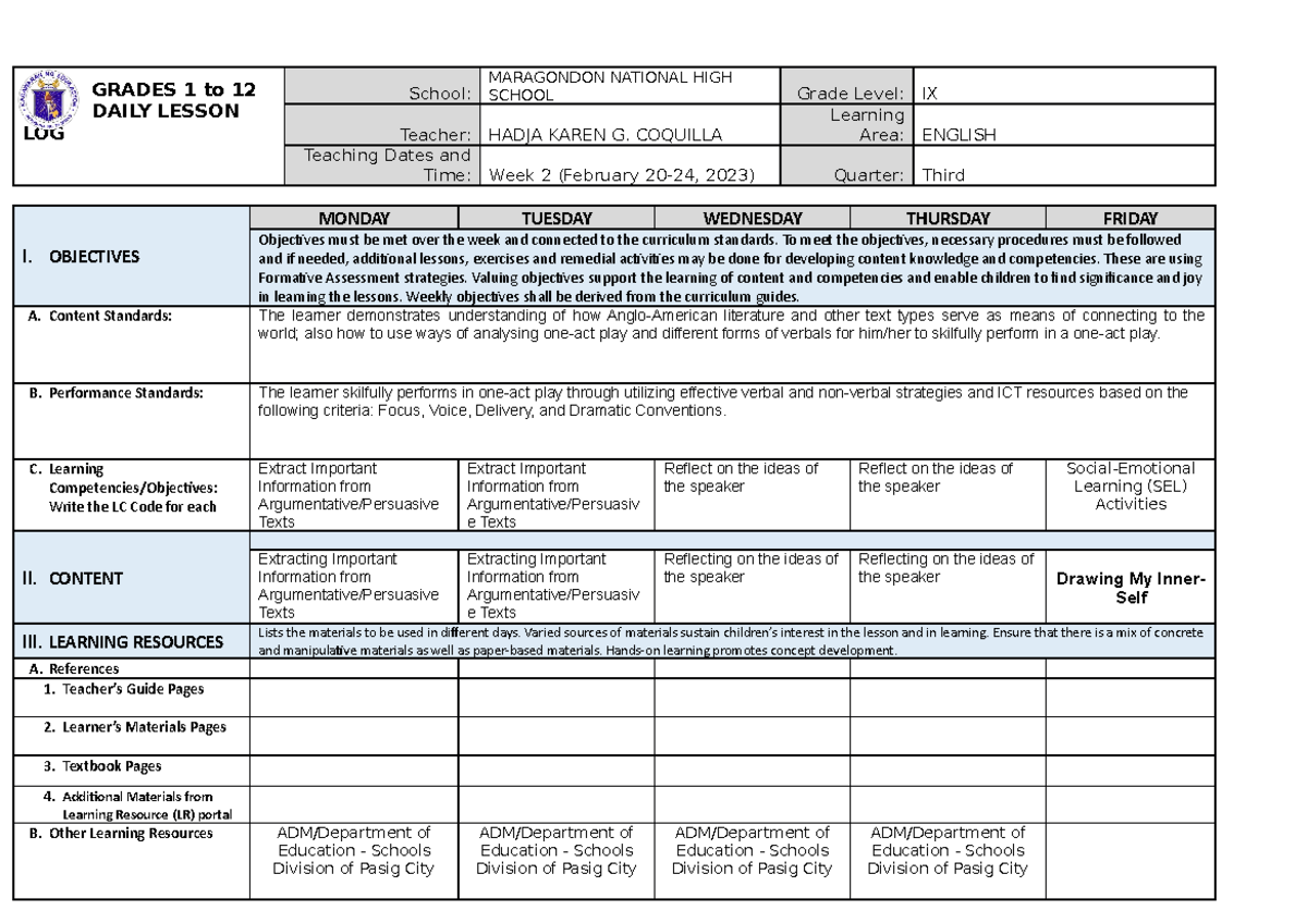 DLL 3rd Quarter Week 2 - English 9 Daily Lesson Log Details - Studocu