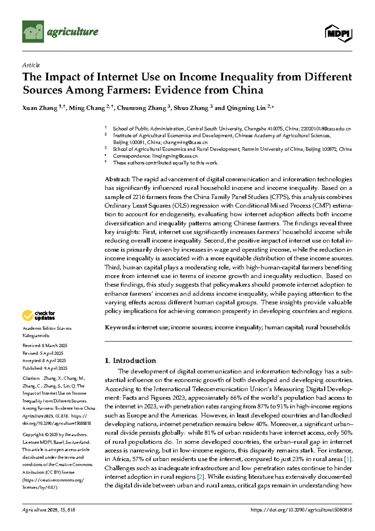 AGRI 2025: Internet Use and Income Inequality Among Farmers in China ...