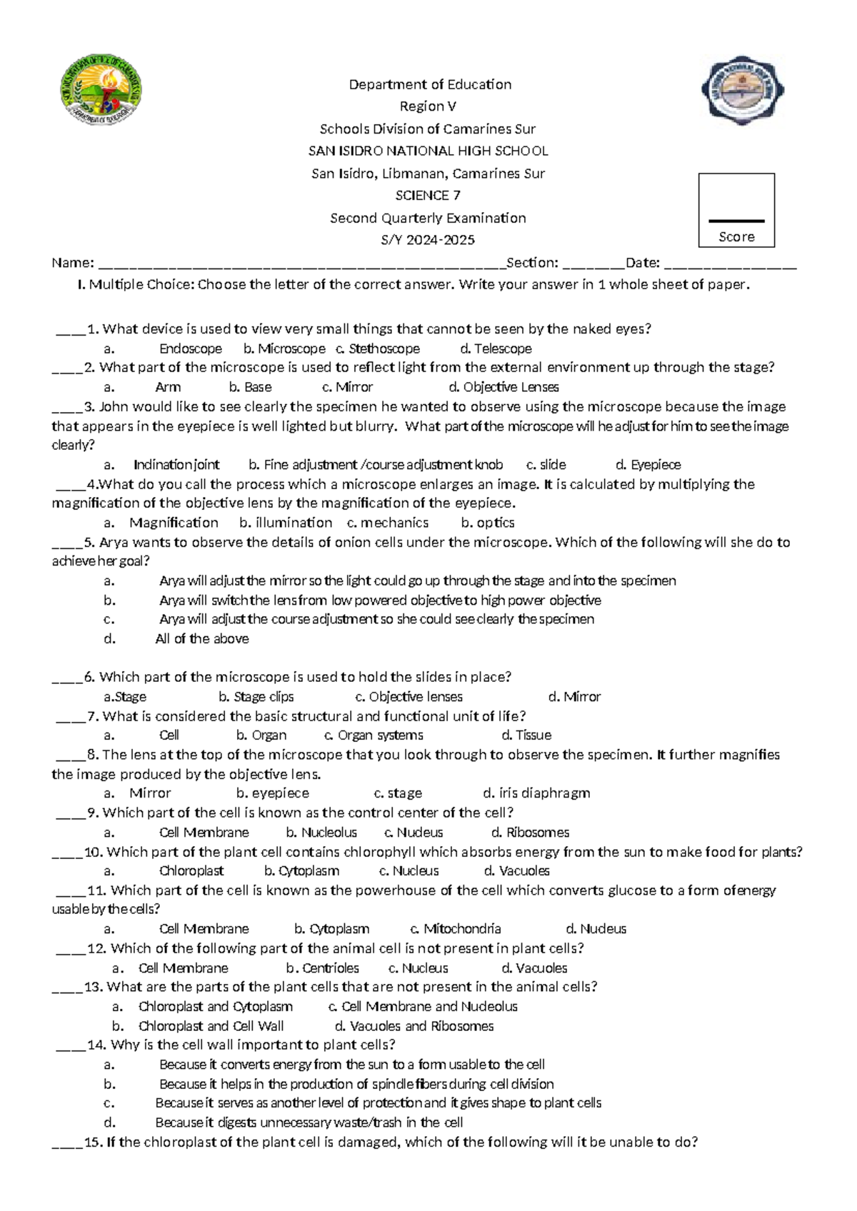 SCI 7 2nd Quarter Exam: Science Concepts & Microscope Questions - Studocu