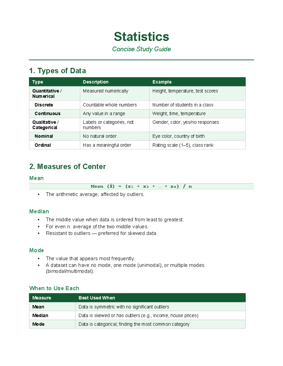 Statistics Study Guide: Types of Data & Measures (STAT101) - Studocu