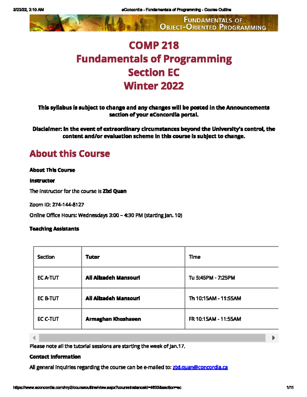 COMP 218 Winter 2022 Course Outline and Syllabus Details - Studocu