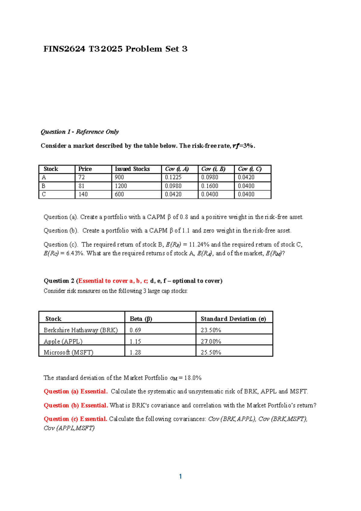FINS2624 T3 2025 Week 3 Problem Set on Portfolio Analysis - Studocu