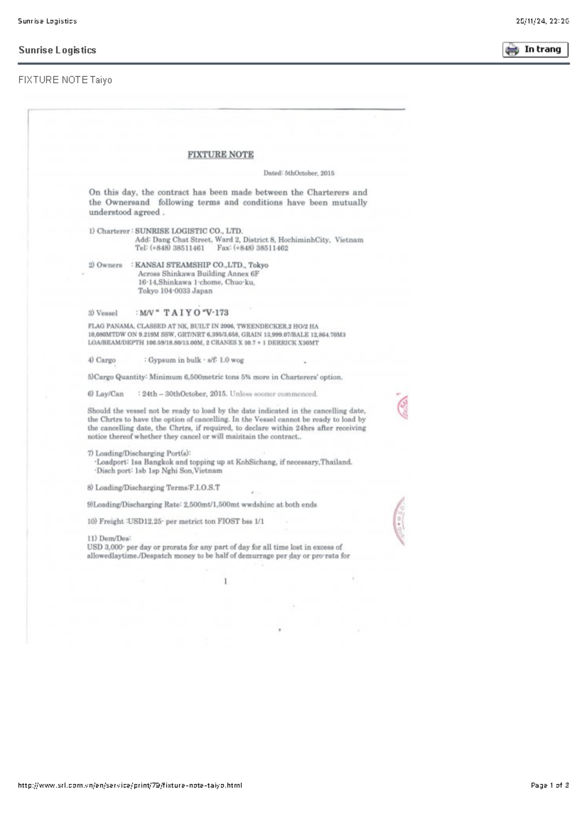 Fixture note - Logistics và vận tải quốc tế - Sunrise Logistics 25/11 ...